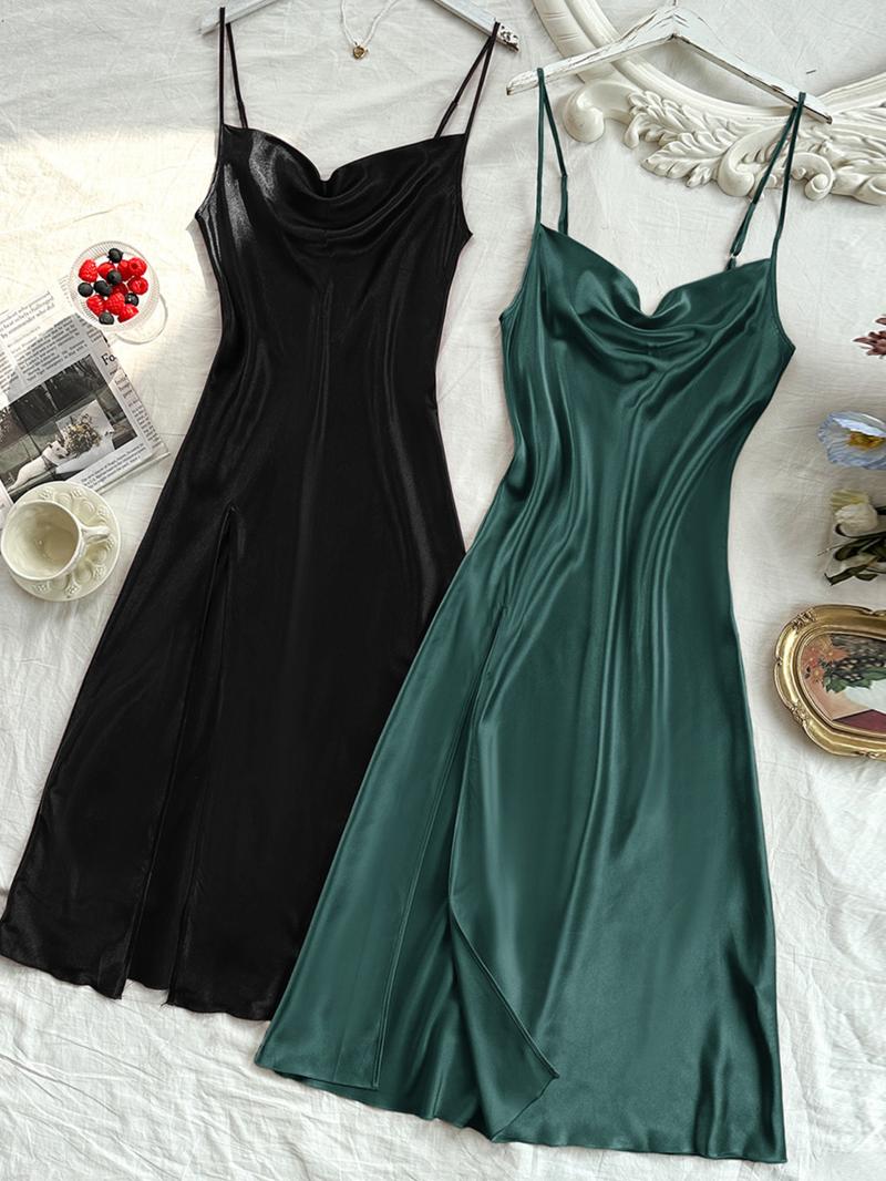 Women's Solid Draped Cowl Neck Cami Nightdress, Casual Comfy Adjustable Spaghetti Strap Nightgown, Ladies Sleepwear for All Seasons, National Day Offers