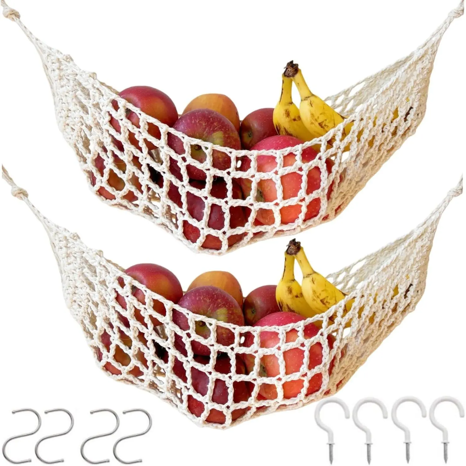 2-Pack Macrame Hanging Fruit Hammock, Under Cabinet Banana Fruit Basket for Kitchen Storage(Ivory)