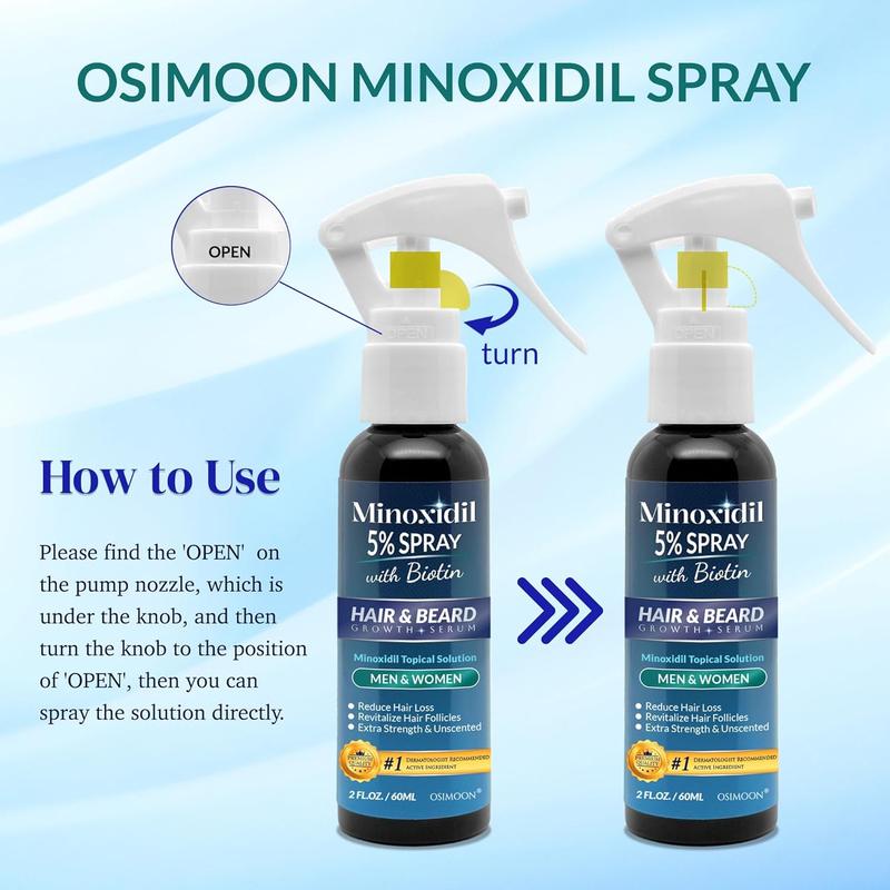 1 /2/3Bottles｜Osimoon 5% Minoxidil with Biotin Hair & Beard Growth Spray｜Extra Strength Hair Loss Treatment·Improve Thinning & Fragile Hair｜For Men & Women·Scalp - Safe·Hair Growth Essential