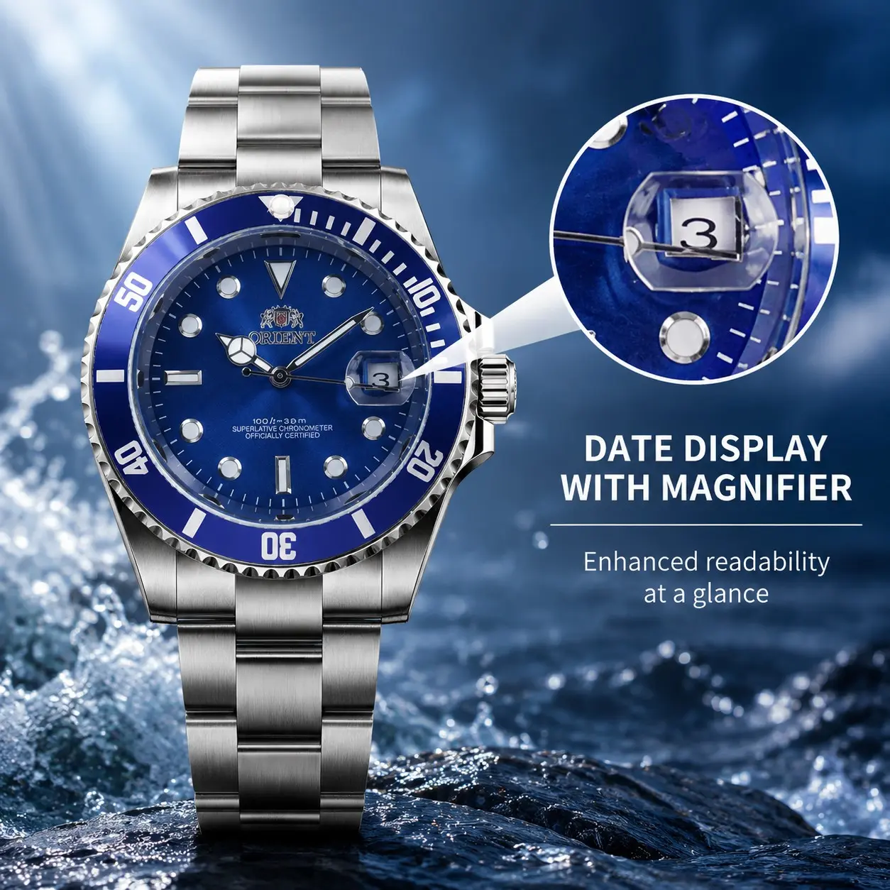 Genuine Japanese ORIENT Green Water Ghost Men's Automatic Mechanical Diving Watch.It features a ceramic-textured green unidirectional rotating timing bezel and transparent sapphire crystal glass surface.The high-gloss emerald classic sunburst dial is pa