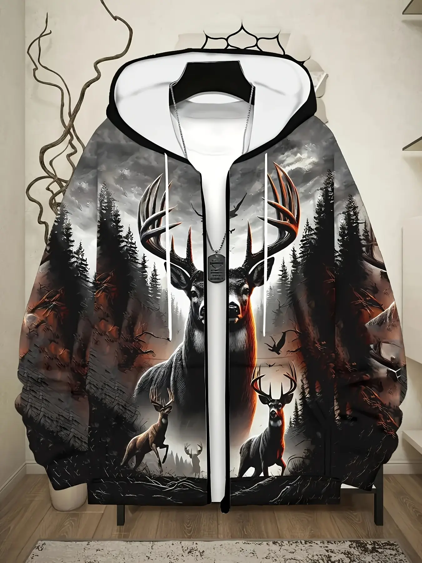Men's Zip-Up Hooded Jacket, Deer Forest Hunting 3D Print Long Sleeve Casual Sweatshirt, Outdoor Hunting Enthusiast Top, All Seasons, Loose