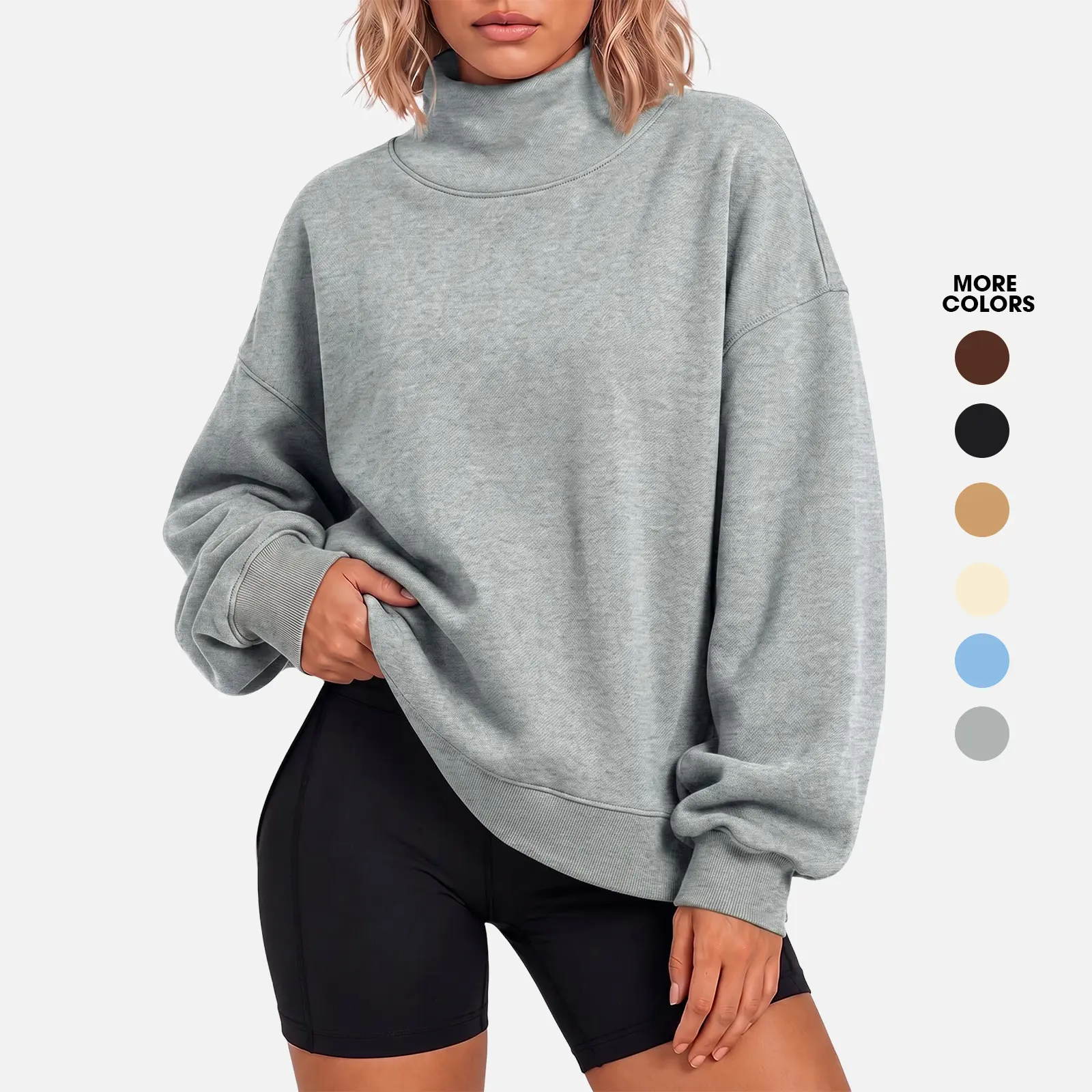 Flowyair Women's Oversized Minimalist Basic Sweatshirt - Mock Neck, Long-Sleeves, Side Slit Pullover with Pockets, Loose Drop Shoulder, Defined Seaming for Fall Winter Workout Everyday Style, Longsleeves