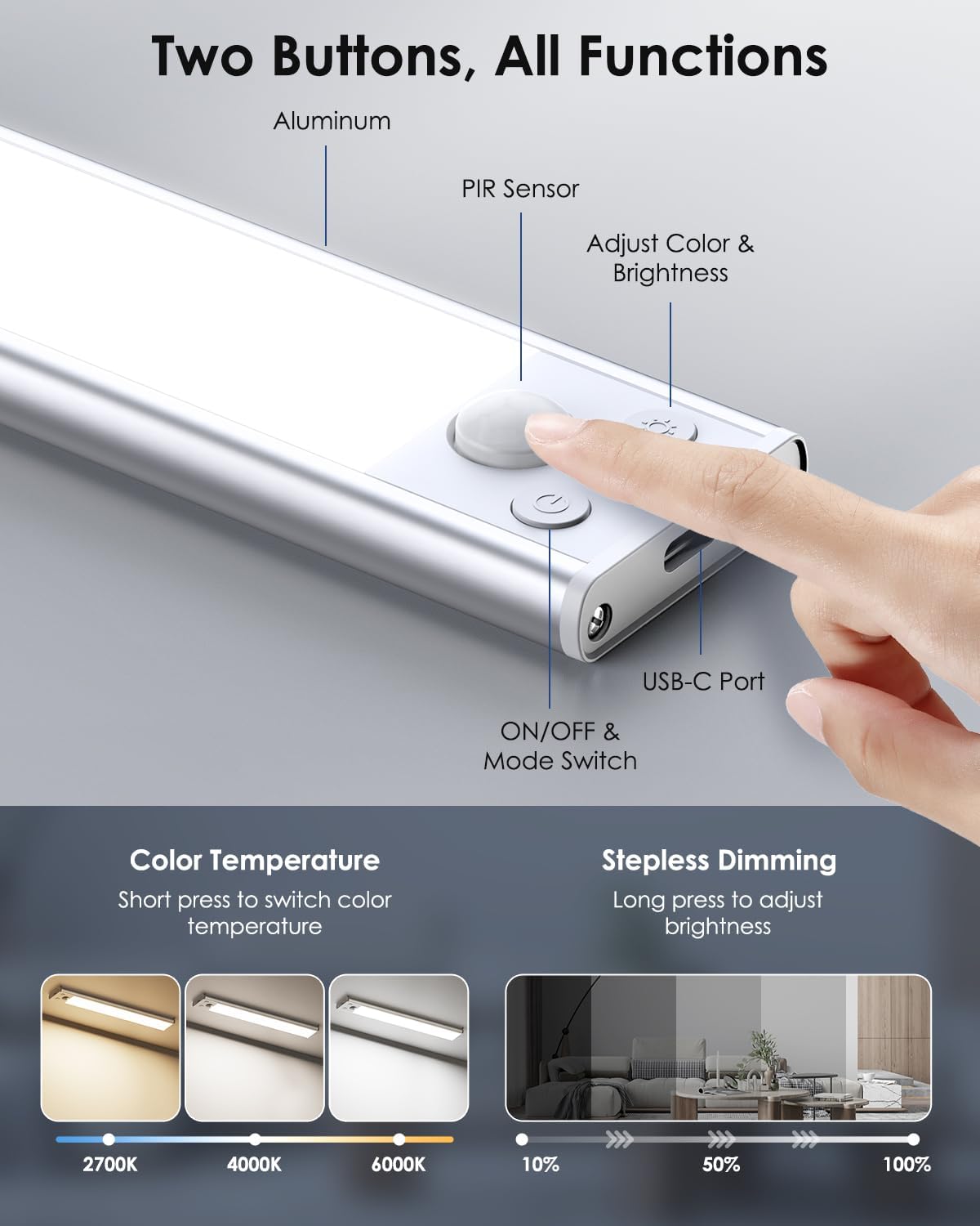 【SummerVibes】Under Cabinet Lighting 1/2/4 Pack Closet Light Motion Sensor Indoor Dimming USB Rechargeable LED Stick on Lights for Bedroom Kitchen Stair 16inch