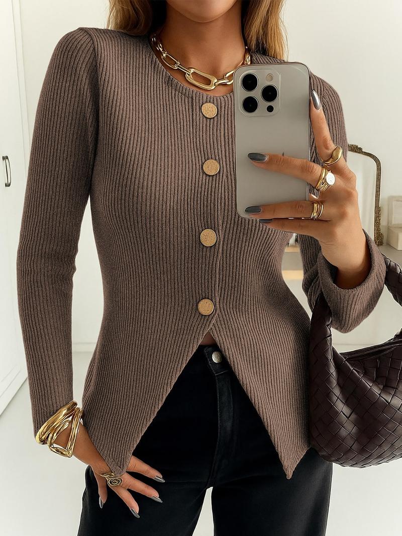 Women's Casual Elegant Ribbed Knit Button Long Sleeve Top, Fitted Plain Design, All Season Wear, Moderate Fabric Thickness, Knitwear