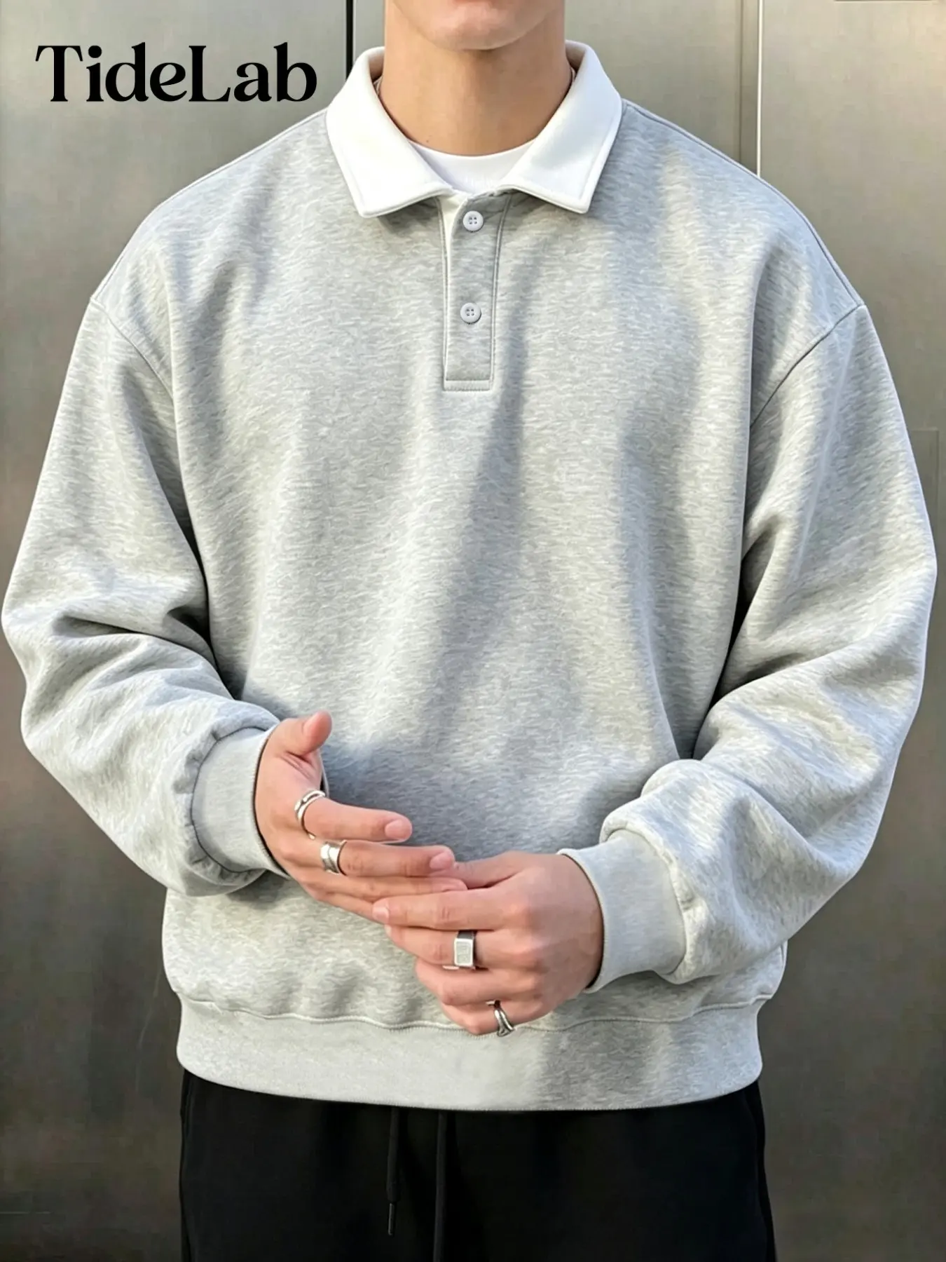 Unisex Casual Sweatshirt, Korean Style Loose-Fit, Colorblock, Polo Neck, Two-Btn Front, All-Seasons Wear, Comfortable & Versatile