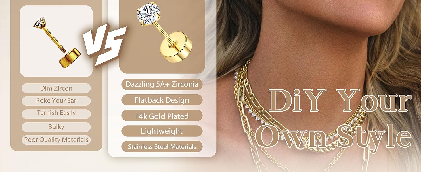 Sanfenly 13PCS Stud Earrings Small Gold Hoop Earrings Set for Women Flat Back Earring Hypoallergenic Cartilage Earring Lightweight Dainty 14K Gold Stud Earrings for Multiple Piercing Set (Single 13 PCS)