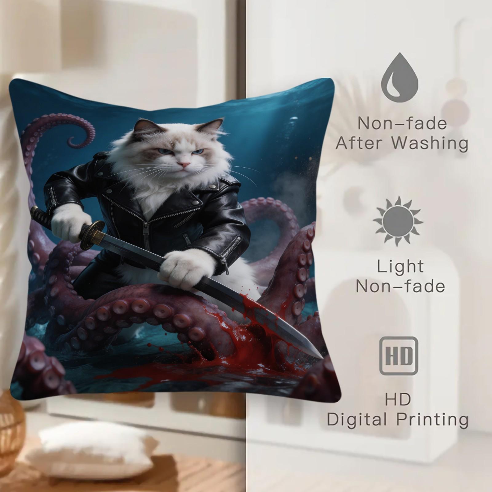 1 Pack Funny Animal Throw Pillow Set, HD Digital Print Samurai Cat / Pirate Garfield / Rocket Raccoon Accent Cushion, Non-Fade Decorative Pillow for Couch & Bed, Cool Gift for Pet Lovers, 18×18 Inch Home Decor