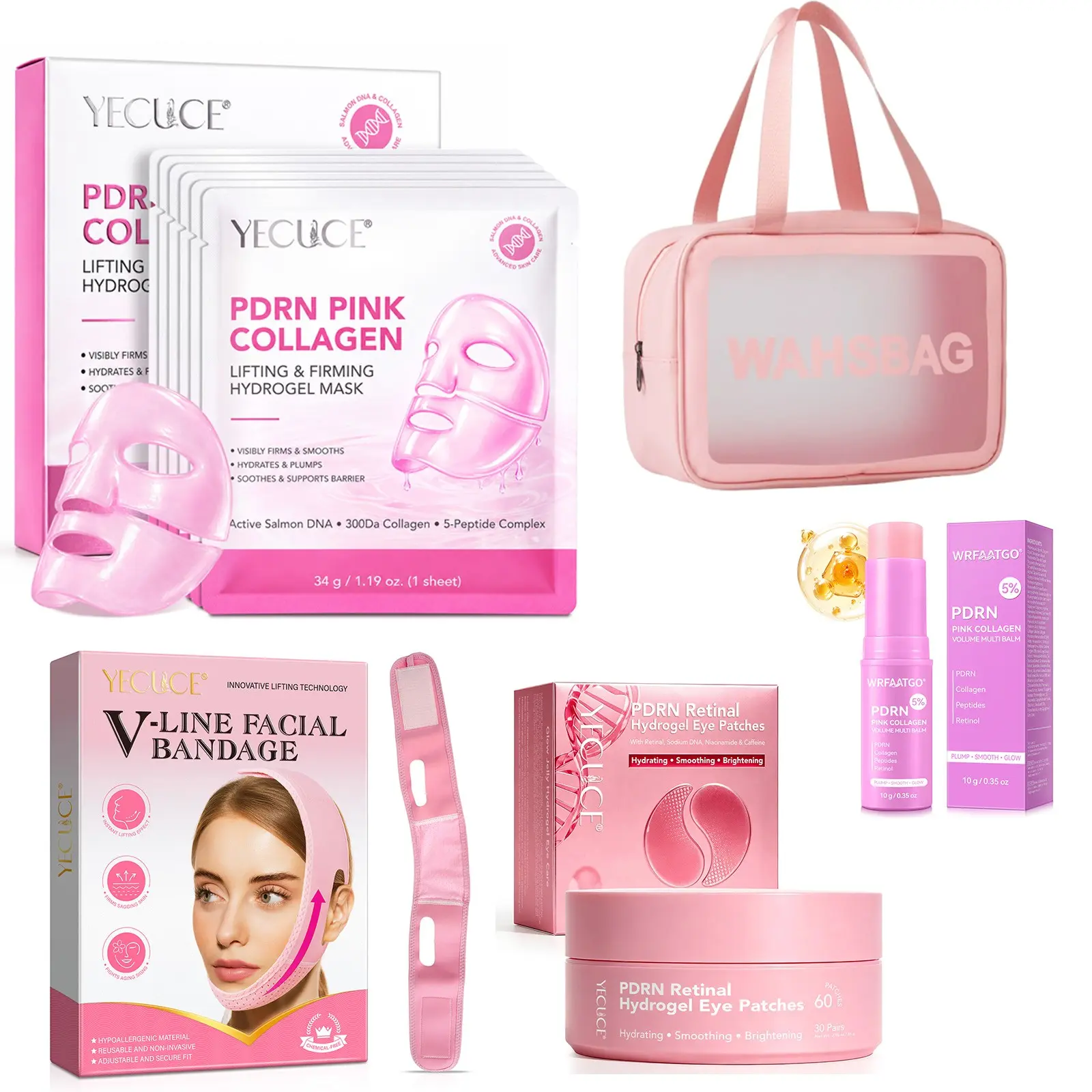 Collagen Face Care Set, Eye Patches, Mask, Moisturizer, Lifting Band, Makeup Bag, 5-Piece Kit, Ideal Gift, Hydrating Facial Set, Affordable Bundle