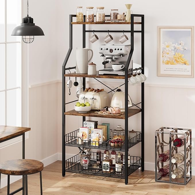 Kitchen Bakers Rack, Microwave Oven Stand with 2 Large Wire Basket, Industrial Coffee Bar Station, 5-Tier Kitchen Utility Storage Shelf with 8 Hooks for Spice, Pots Organizer