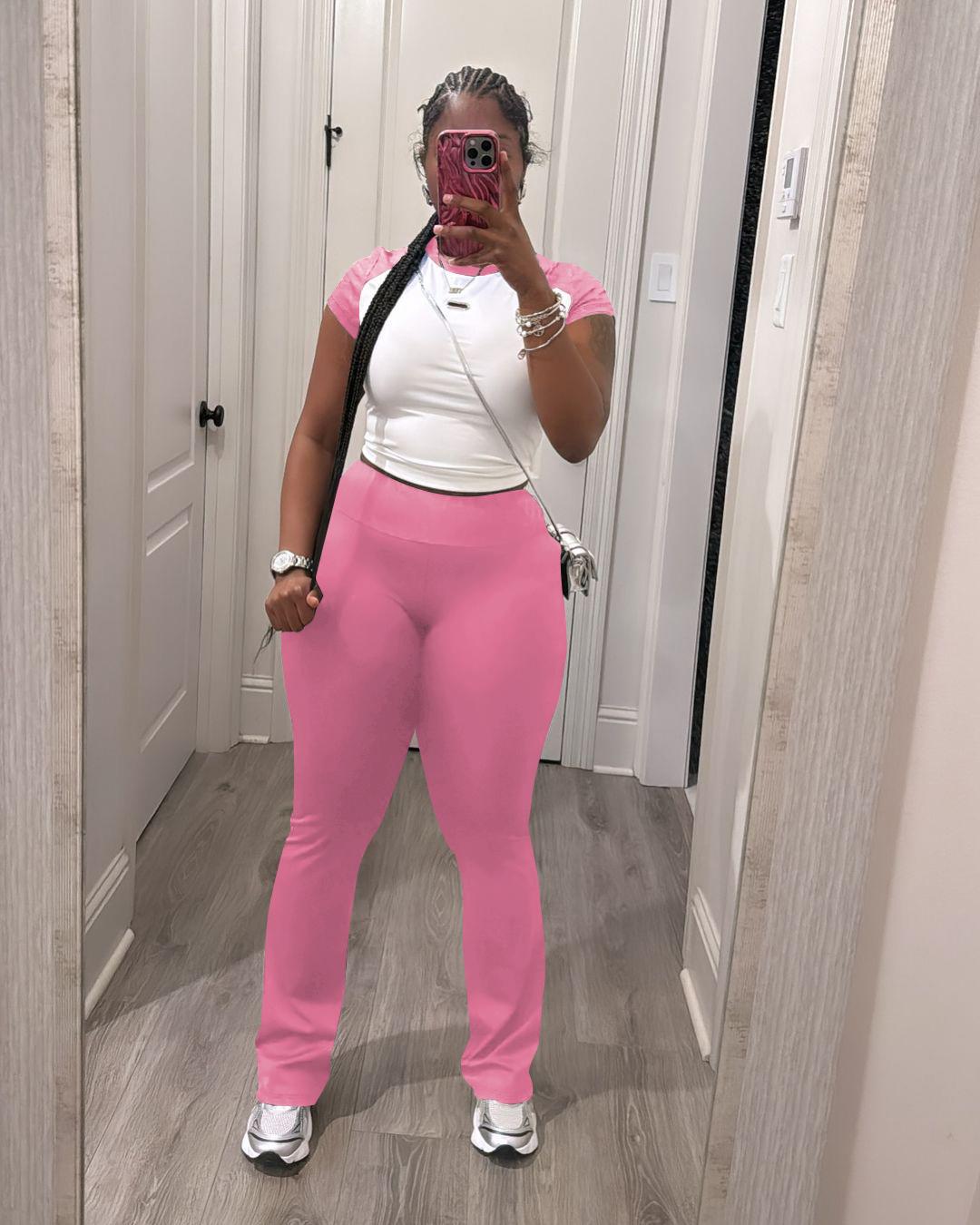 USBoutique Chic Women's Colorblock Top & Pants Two-piece Set Crew Neck Casual Fashion Fitted Cozy Breathable Outfits for Daily Outdoor Wear Ladies Summer Clothes Matching Trouser Set for Gym & Casual Wear