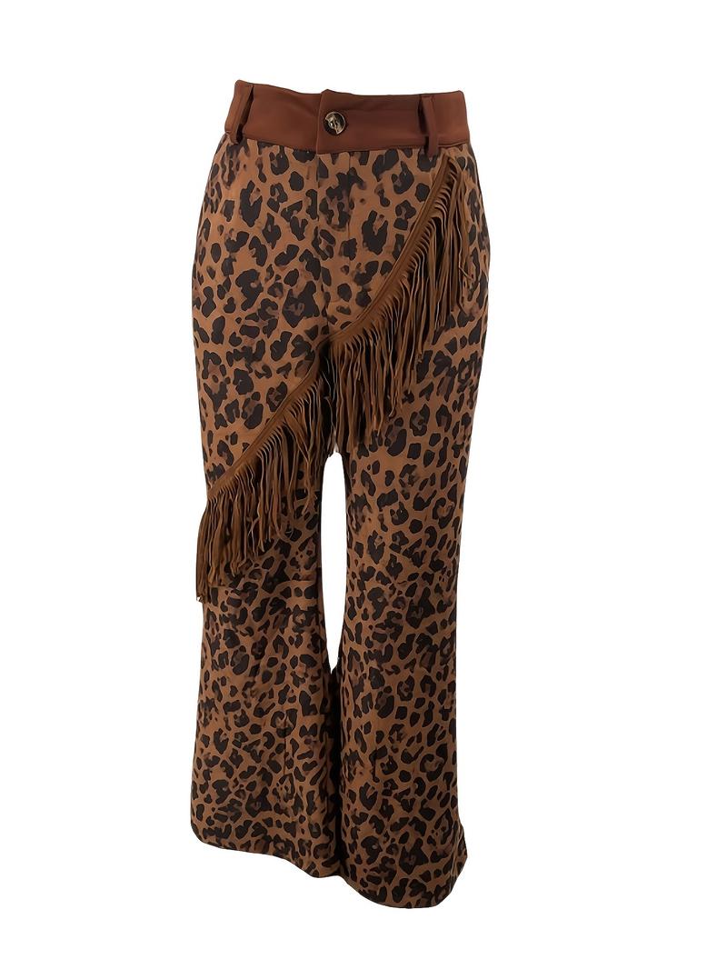 Fashion Leopard Print Flared Pants, Fringe Design, Retro Style, Daily Wear, Vintage Personality, Women's Casual Leggings
