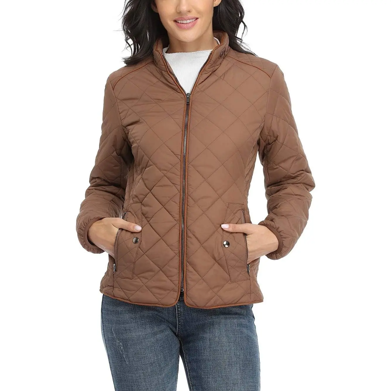 Women's Lightweight Quilted Jacket Stand Collar Zip Warm Winter Coat Outwear w 2 Pockets