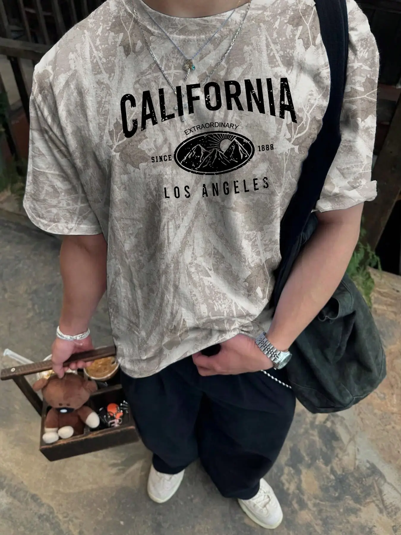 Men's Fashion Street Style Camouflage T-Shirt, Vintage Washed Leaf Print, Loose Fit, Short Sleeve, Soft Breathable Fabric, Summer Casual Wear