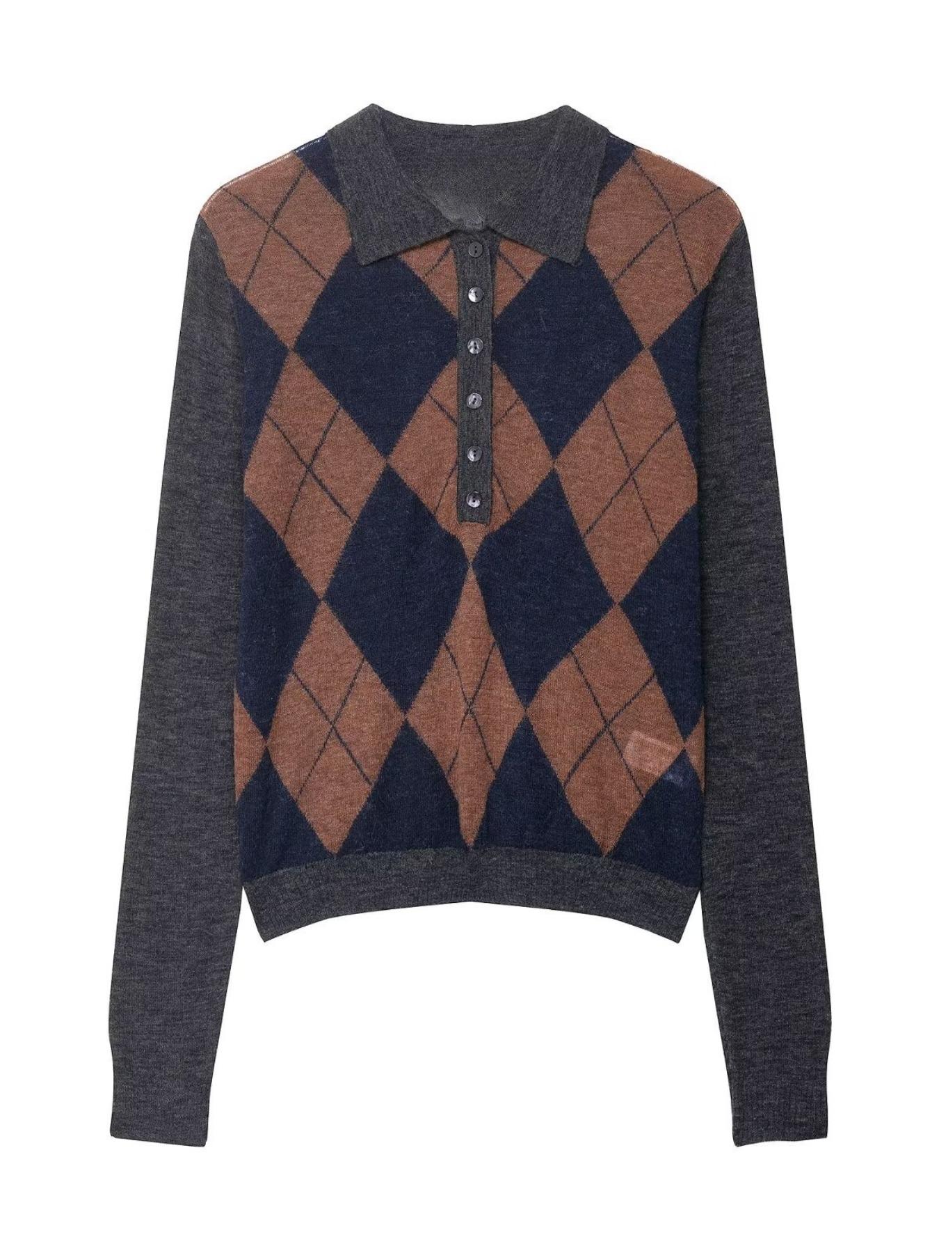 Women's Diamond Plaid Button Front Long Sleeve Knit Sweater, Slim Fit Pullover, Stylish Fall & Winter Fashion, Comfortable and Warm, Knitwear, Knitted