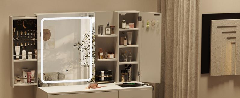 Vabches White Vanity Desk with Mirror and Lights,Makeup Vanity Table Set with Power Strip and Sliding Locker,Visual Drawer Makeup Desk with 5 Drawers&Shelves&Cabinet,3 Lighting Modes