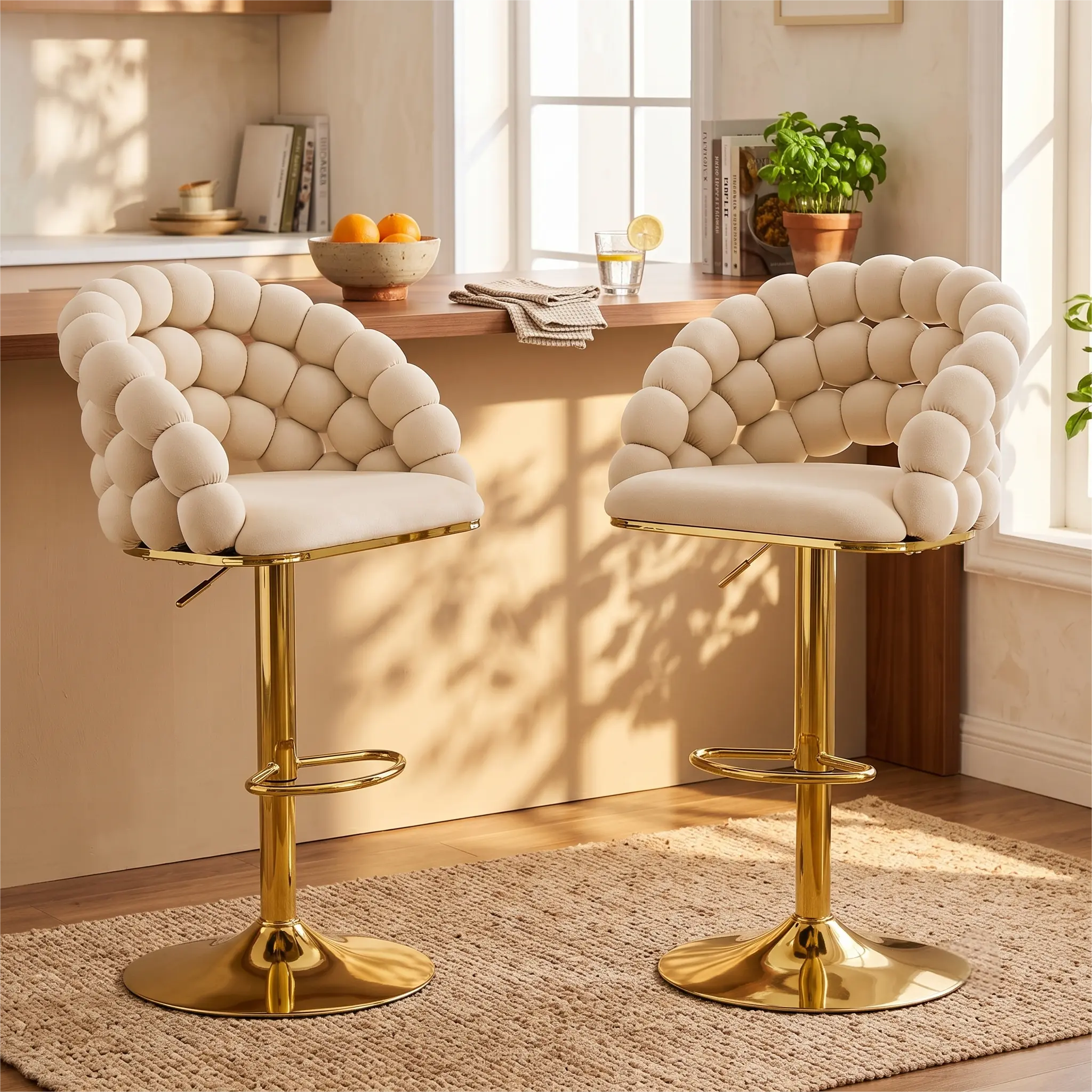 Linsy Set of 2 Velvet Swivel Bar Stools with Bubble Woven Backrest, Adjustable Counter Height Bar Chairs with Footrest and Gas Lift, 360° Rotating Kitchen Island Stools, Gold or Chrome Metal Base, Beige, Yellow, Orange, Modern Home Bar Furniture