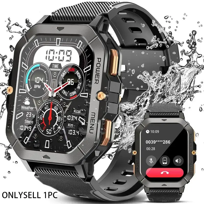 Men's Wearable Smart Watch C28: 2.02 inches, military design, supports calls, 5 ATM water resistance, can monitor heart rate/blood oxygen/sleep/step count, over 100 sports modes, compatible with Android/iOS systems