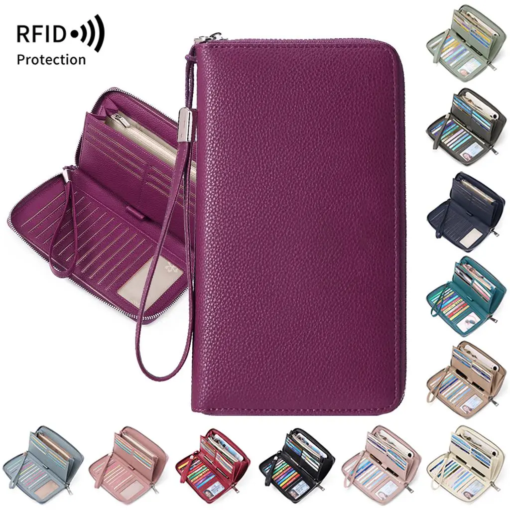 Womens Wallet RFID Blocking PU Leather Zip Around Wallet Large Capacity Long Purse Credit Card Clutch Wristlet | RFID Blocking