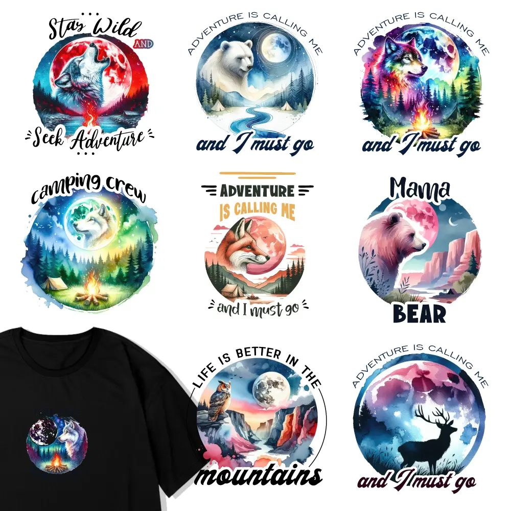 9 Pcs Animal Motifs Iron-On Paper Transfers - Wildlife Art, Machine Wash Safe, Wild Adventure-Themed (Mama Bear, Mountains, Deer) for T-Shirts, Backpacks, Home Decor (Pillows, Hats)