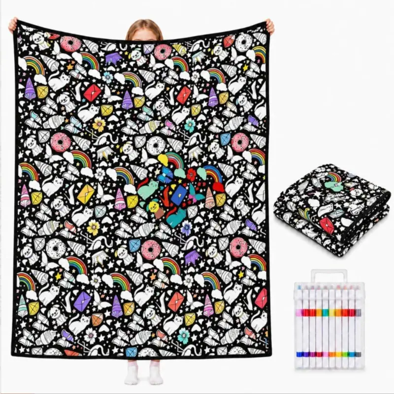 DIY Coloring Blanket for Adults 50x60 Inch with 12 Markers - Washable Cozy Velvet Home Decor