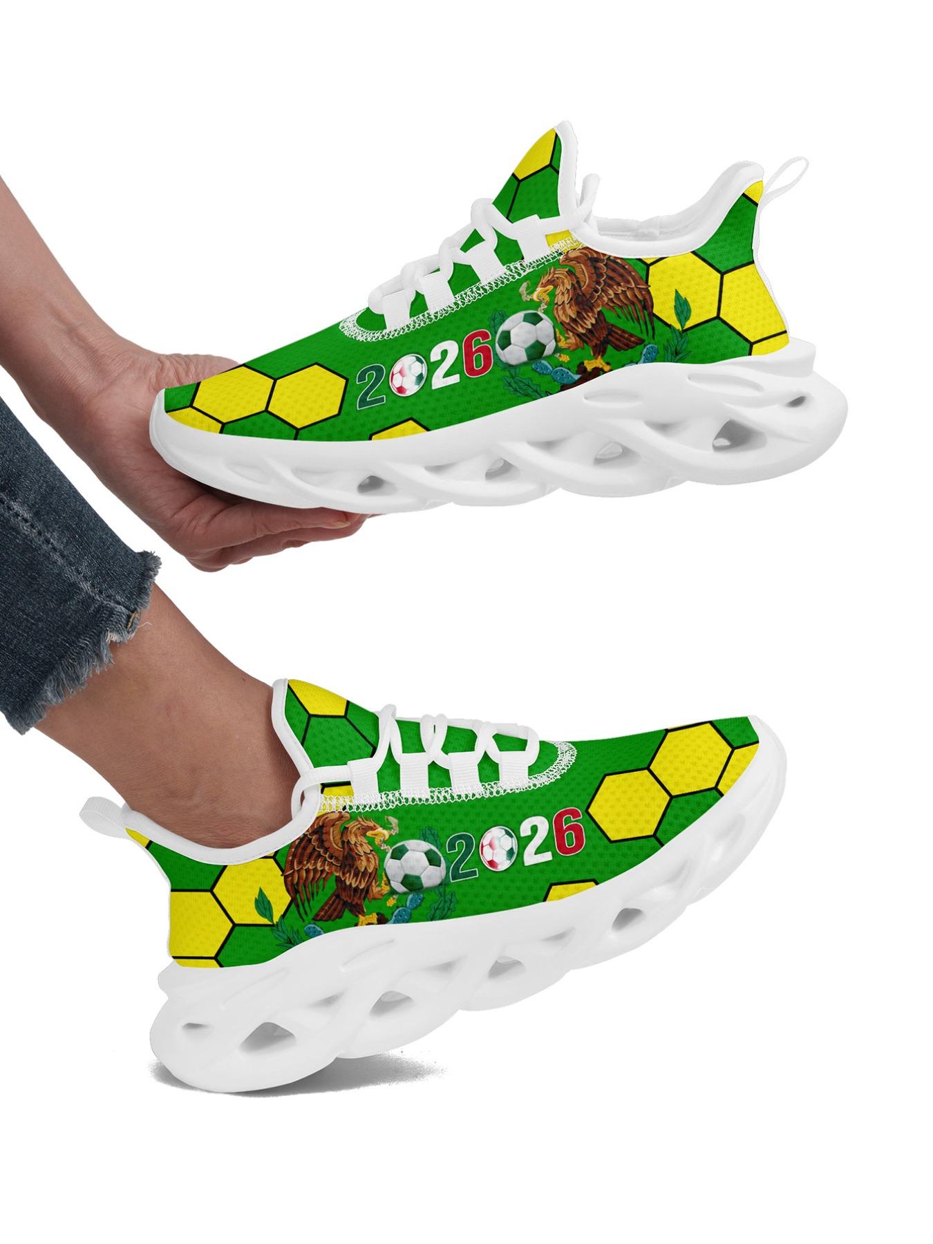 Men's Mexico 2026 Green Yellow Soccer Eagle Print Sport Shoes, Wide Fit, Plus Size, Trendy Casual Sneakers for Daily Walking, Gym & Outdoor