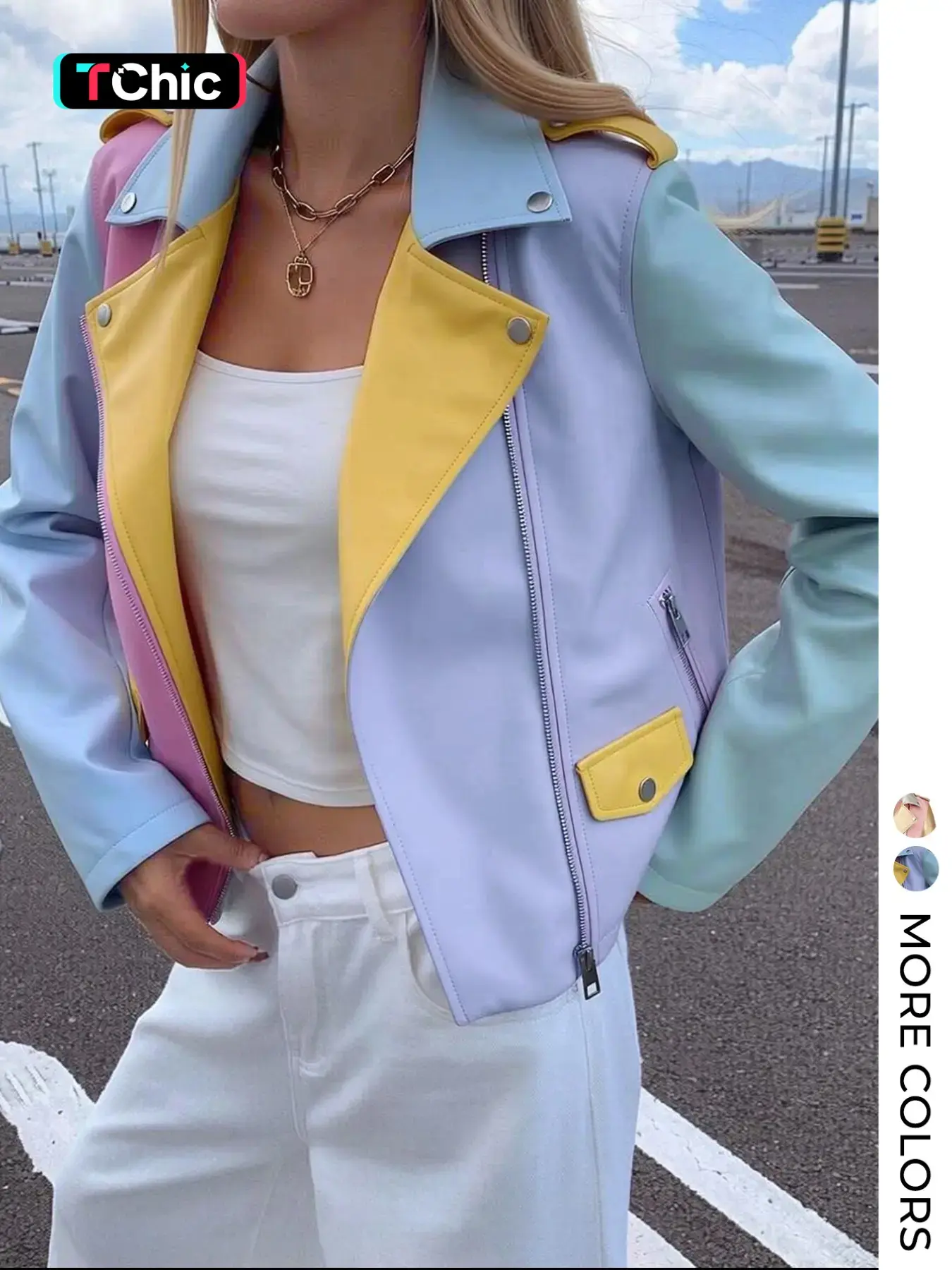 Geschallino Women's Stylish Casual Fitted Long Sleeve Motorcycle Jacket with Colorful Patchwork, Zipper Pockets for All Seasons, Short Design with Collar Fashion Fitted Outerwear