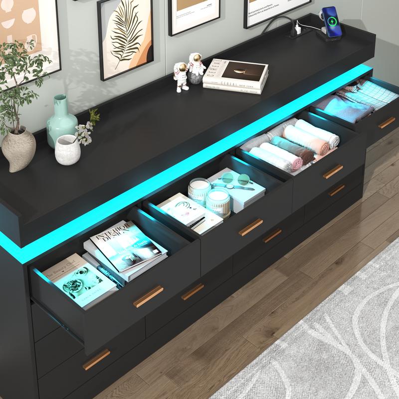 Dresser with LED Light and Charging Station, Modern Chest of Drawers for Closet, Wide Drawer Organizer Cabinet for Bedroom, Living Room, Entryway, Hallway