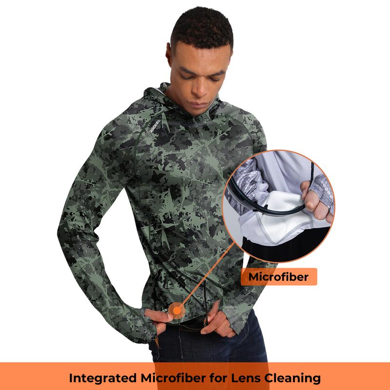 【RODEEL】934 Sun Hoodie Shirts w/ UV Detection Mask Neck Gaiter Thumbhole Men UPF 100+ Sun Protection Long Sleeve Lightweight Quick Dry Moisture Wicking Breathable Cooling Athletic Activewear for Outdoor Sports Fishing Construction Roofing, Holiday Gift