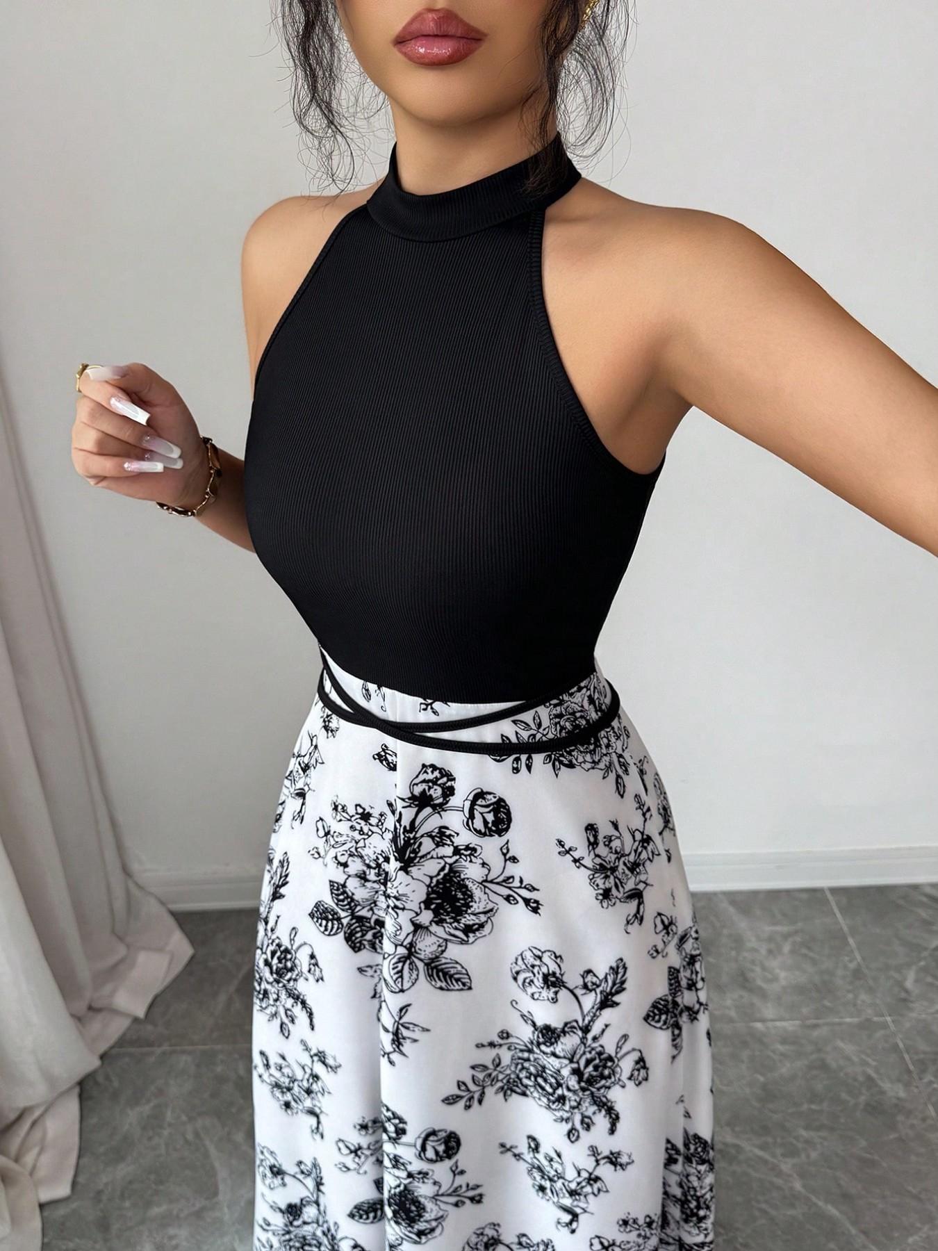 Women's Summer New French Patchwork Sleeveless Dress, Unique Design Floral Print Backless Colorblock Slim Waist Dress, Elegance, Chic, Fashionable and Stylish, Elegant Summer Dress