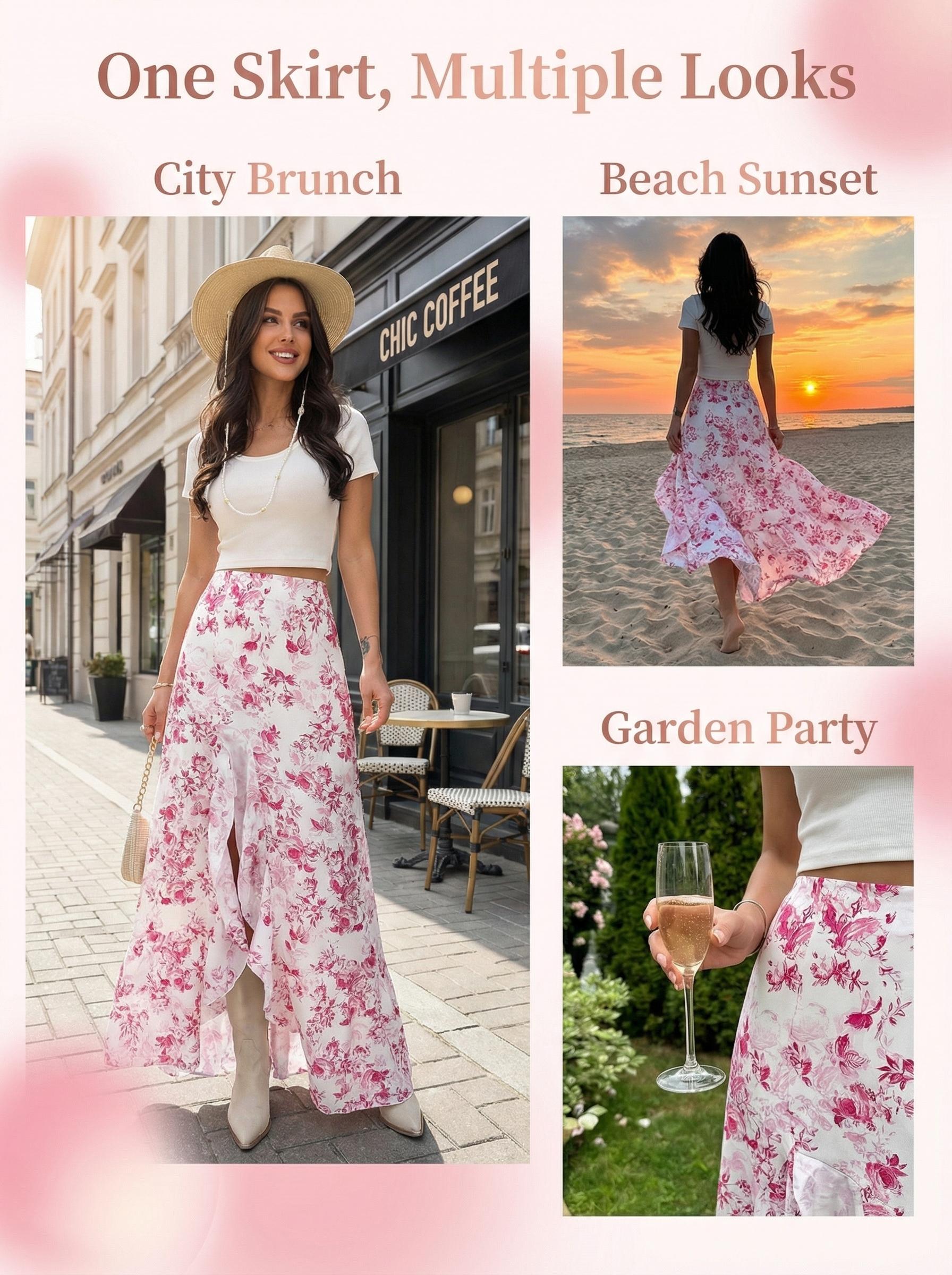 Bohemian Elegant Floral Print Irregular Ruffle A-Line Midi Skirt, Loose-Fitting Design for Garden Parties & Beach Vacations Bohemian Elegant Floral Print Irregular Ruffle A-Line Midi Skirt, Loose-Fitting Design for Garden Parties & Beach Vacations