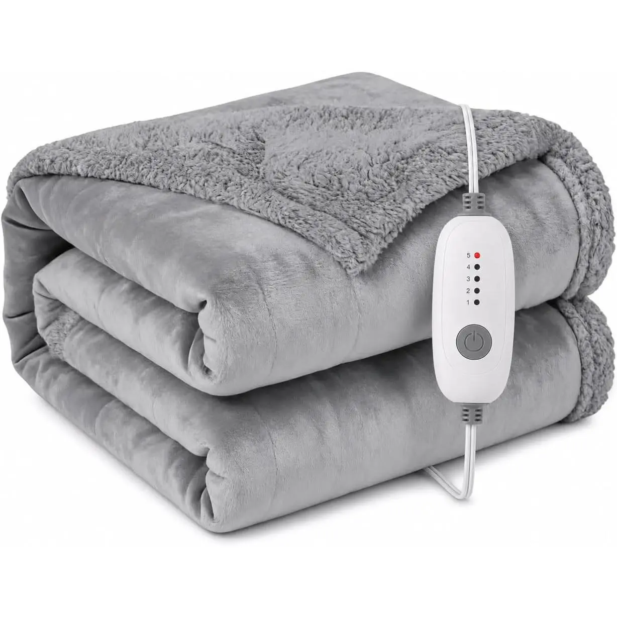 Electric Heated Blanket, Gray, Full 72"x84", Flannel and Sherpa, ETL certified, overheat protection, 5 heat settings, 10-hour auto-off, machine washable, for bed, sofa, gift-ready