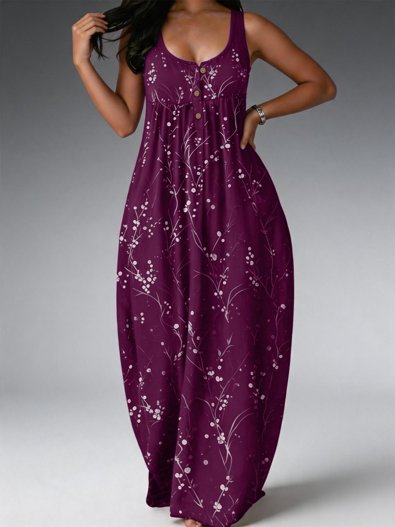 Elegant Plus Size Women's Dress, Loose-Fit Floral Branch Print, Fashionable Chic Sleeveless Long Dress