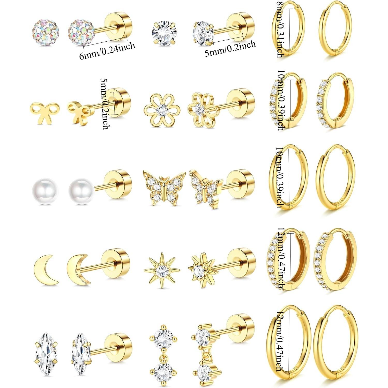 15pairs 14K Gold Plated Flat Back Earrings - Hypoallergenic Surgical Stainless Steel Stud Hoop Earrings for Women Girls Cute Stud Earring Set Small Huggie Hoops Cartilage Earring Stacks Stud Earrings Jewelry Earrings Studs