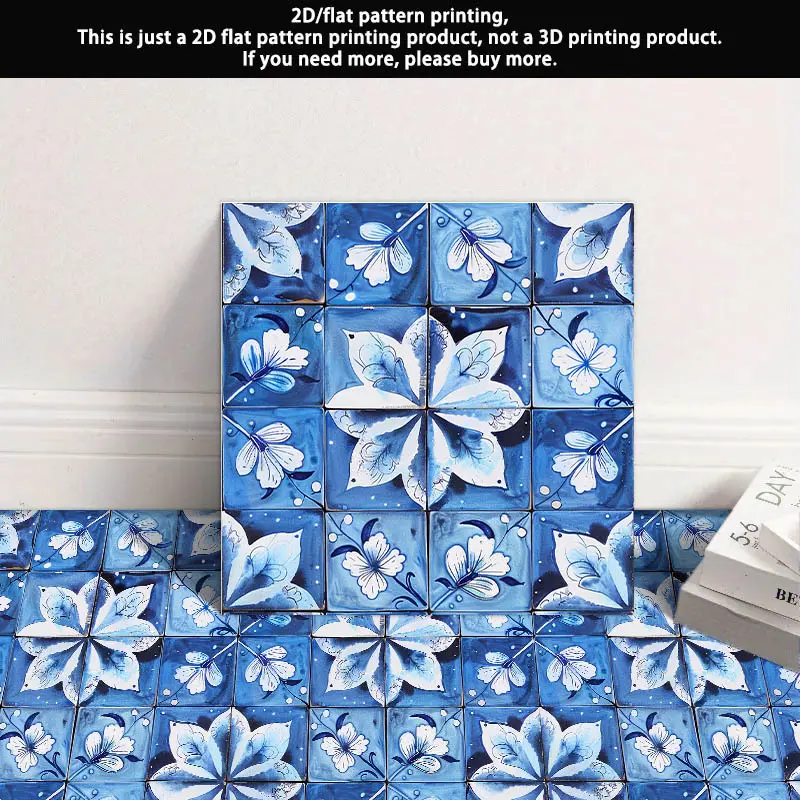 10pcs, 2D Flat Blue Embossed Vintage Pattern PVC Floor Stickers, Self-adhesive Floor Stickers, 11.81x11.81 Inches (30x30cm). Suitable for Home Bedroom, Living Room, and Kitchen Floor Decoration - Create a Stylish Floor Covering. PVC Flooring, 2D Flat