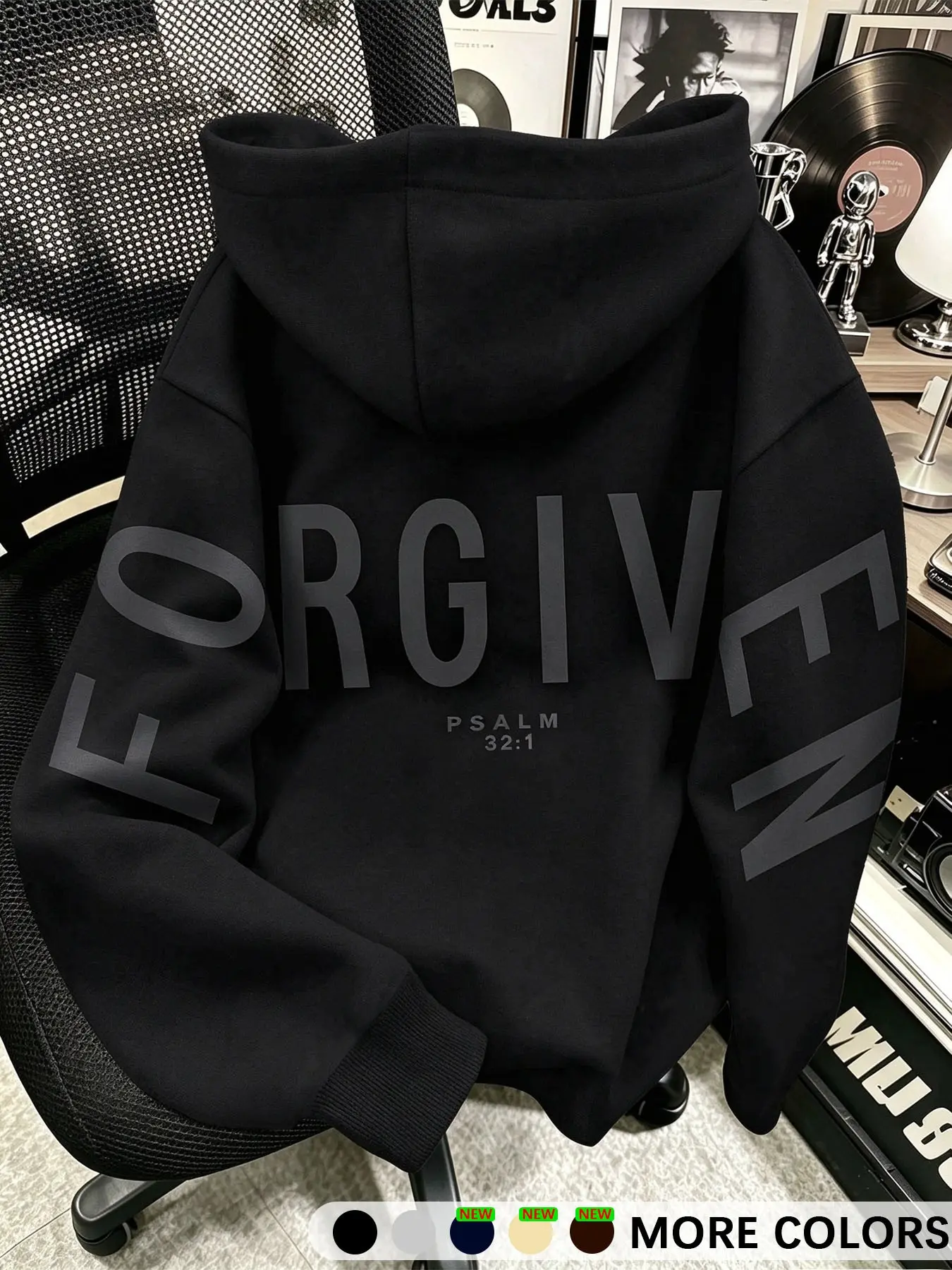 Men’s FORGIVEN Letter Print Hooded Sweatshirt, Knit Fabric, Minimal Street Style For Daily Outings, City Strolls, Friend Gatherings And Fall Outfits