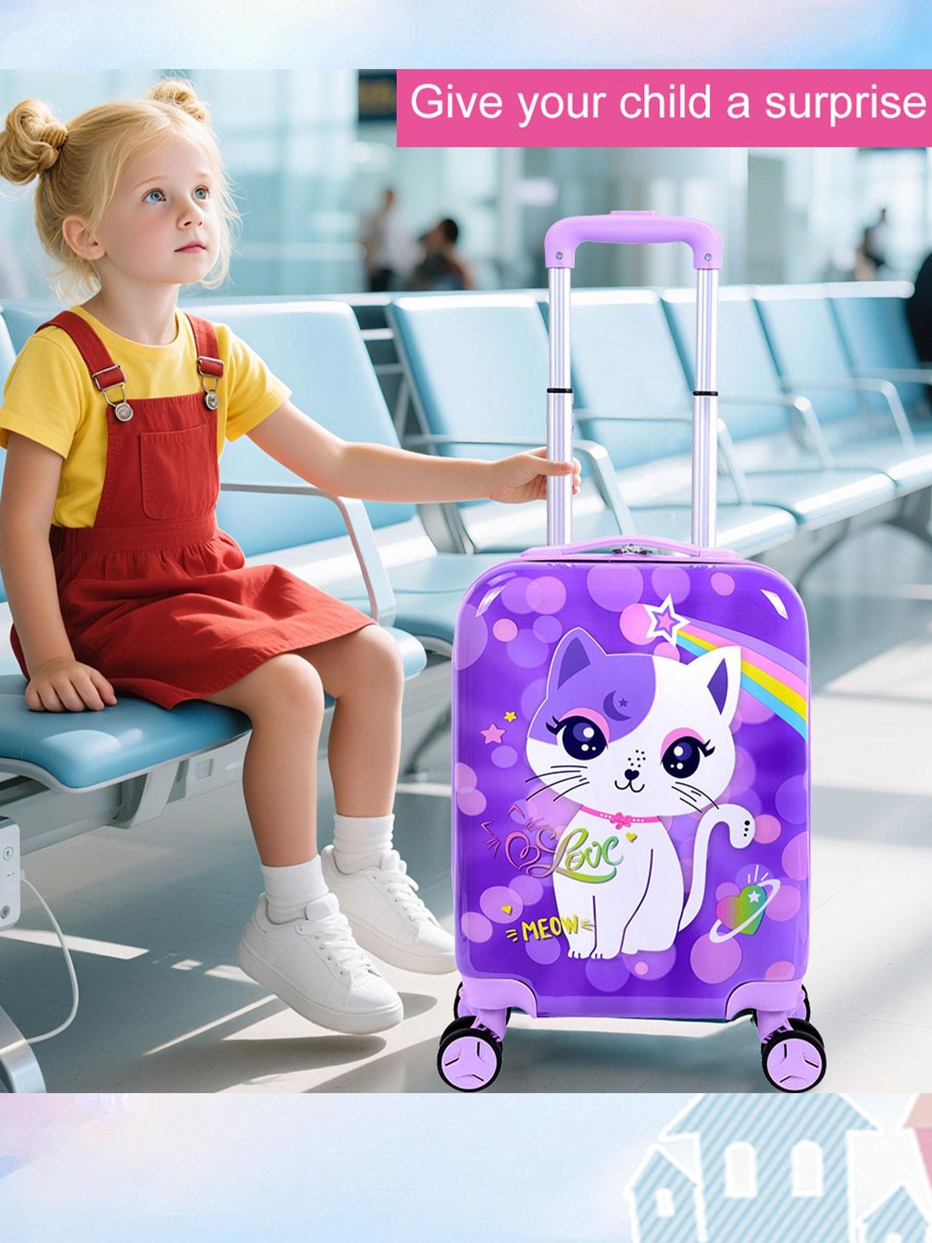 1 Set Kids Luggage Set, Cute Cartoon Cat Print Hard Shell Suitcase with U-Shaped Neck Pillow, Lightweight Rolling Carry On Luggage for Girls, Travel Trolley Case for School Trip, Vacation, Airplane
