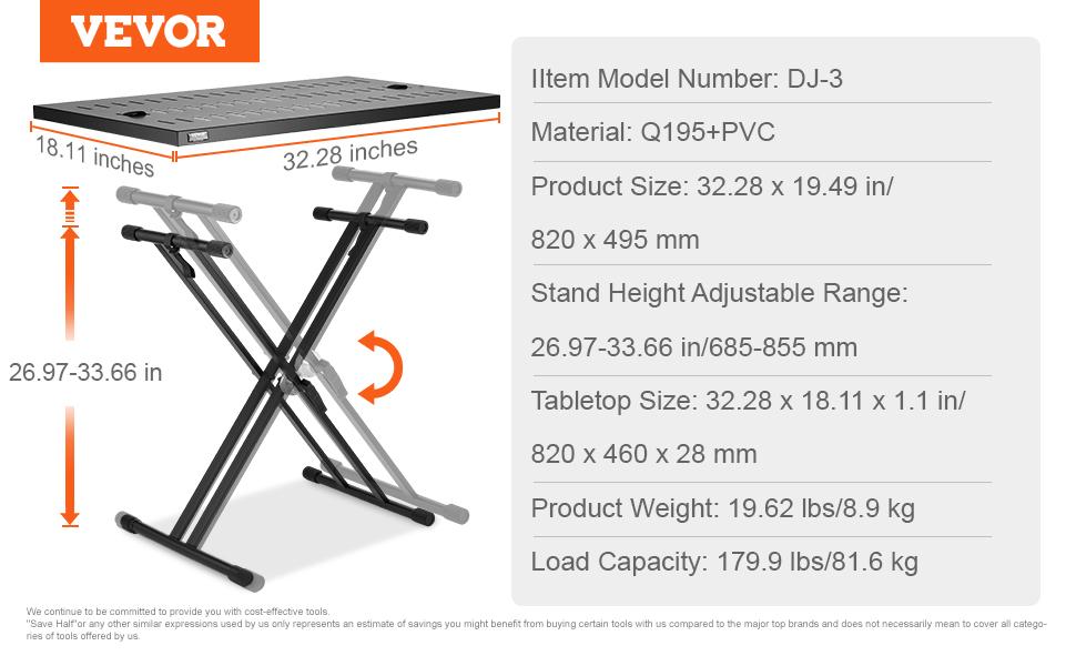 fathersdaygift VEVOR DJ Table Stand, 32x 20 Portable DJ Laptop and Controller Stand, Lightweight DJ Desk DJ Booth Adjustable Height DJ Stand, Foldable Double-X Braced Keyboard Stand Tabletop, Audio Mixer Stand