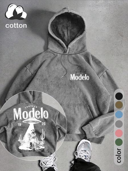 UFO and Western Cowboy Men's Street Retro Style Washed Hooded Sweatshirt Fashion Trend Casual Hoodies