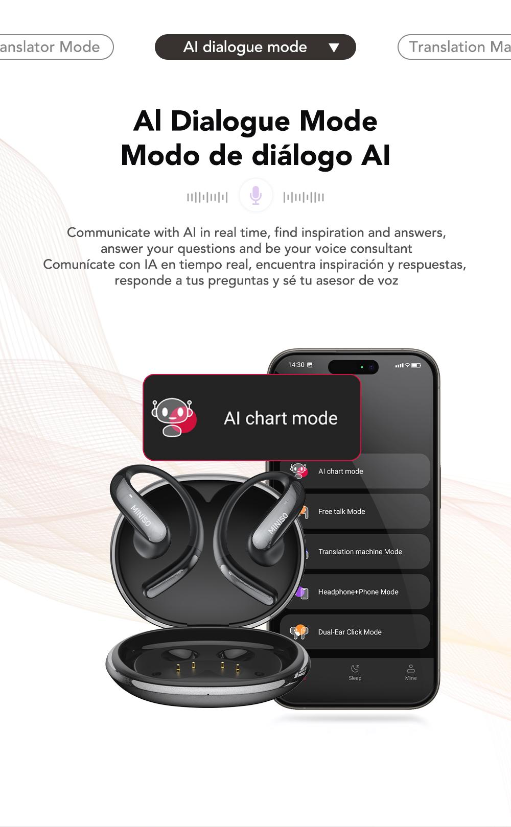 MINISO MS195 AI Translation Earbuds, Open Wireless Headphones, Download App to Translate 134 Languages, Bluetooth Smart Headphones,Suitable for music and calls