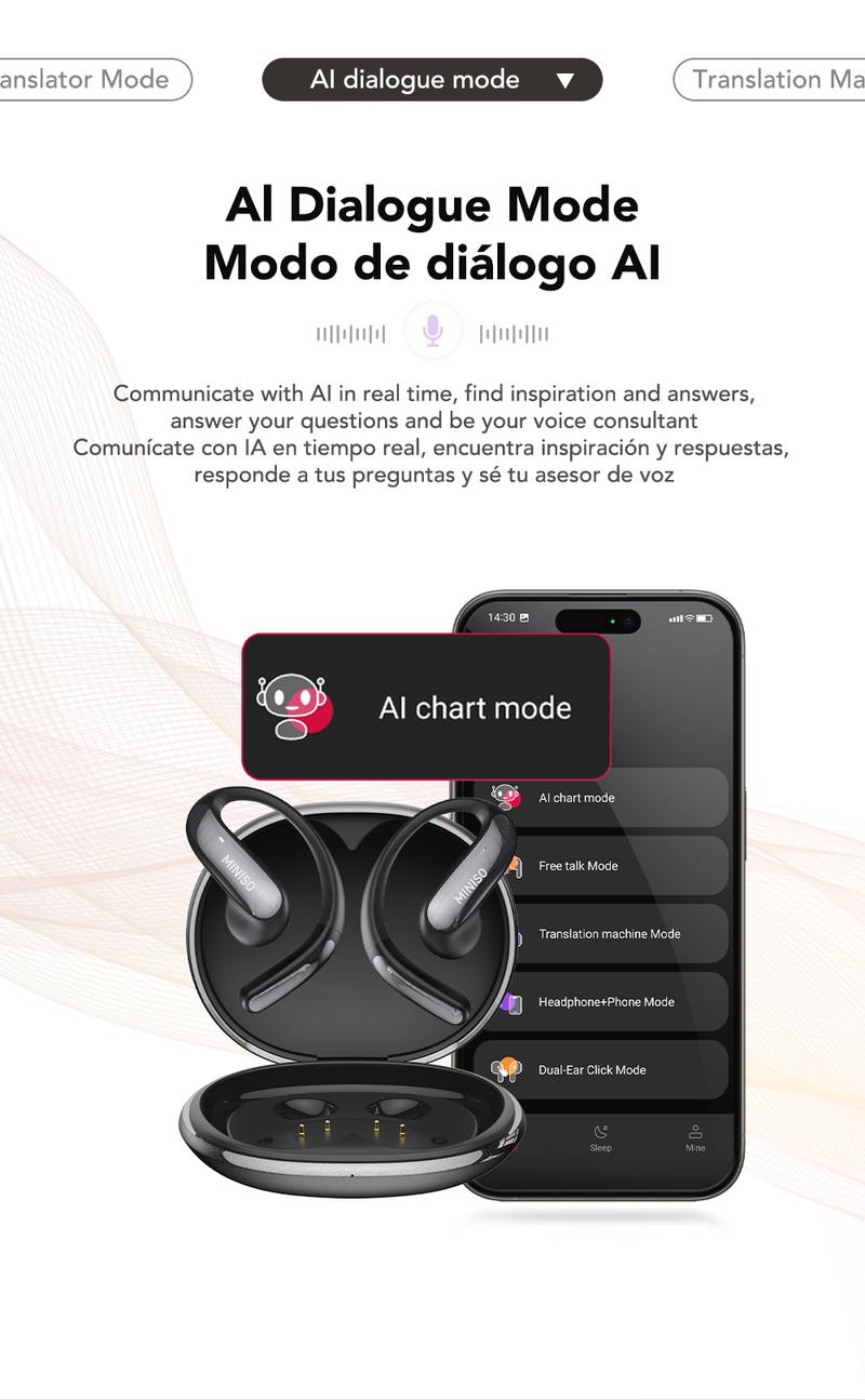 MINISO MS195 AI Translation Earbuds, Open Wireless Headphones, Download App to Translate 134 Languages, Bluetooth Smart Headphones,Suitable for music and calls