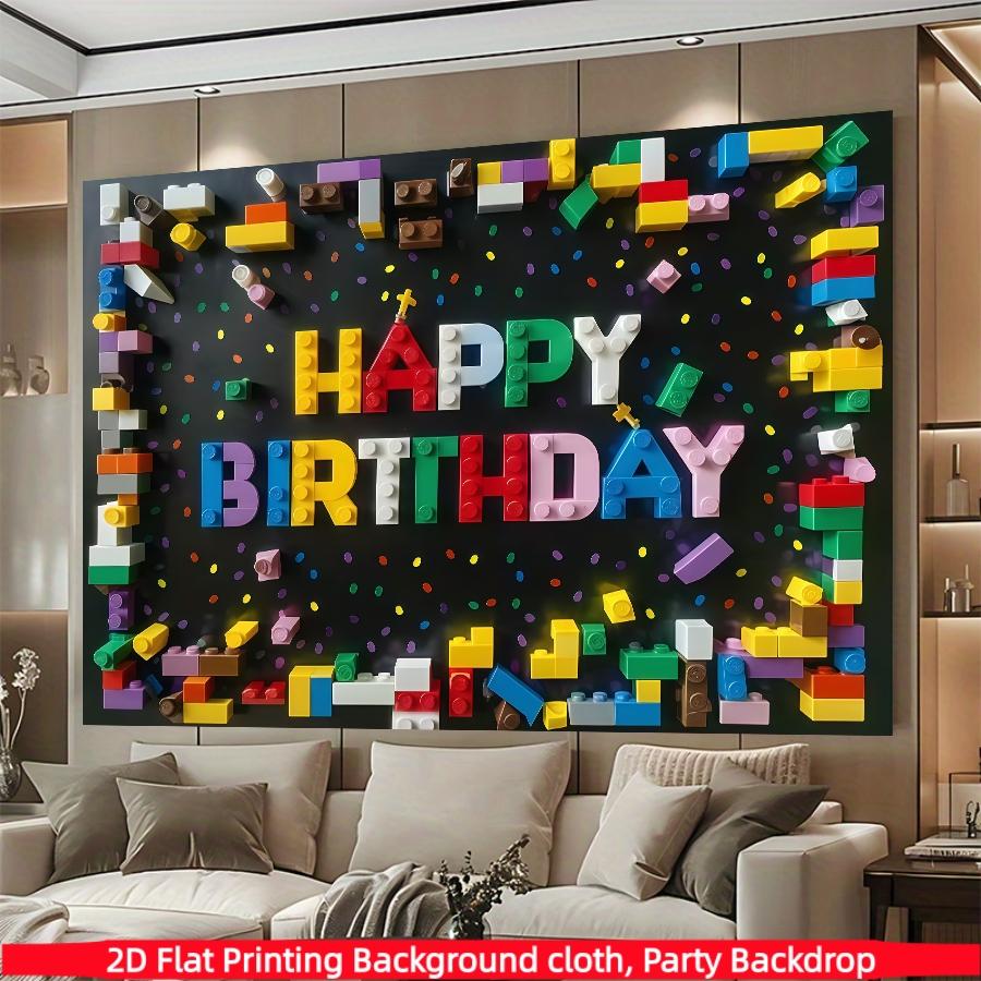 Colorful Building Blocks Birthday Banner -2D Flat Polyester Party Background Decoration with Balloon and Snowflake Design, Suitable for Living Room, Bedroom, Office, Birthday, Anniversary and Home Decoration, Outdoor and Indoor Parties