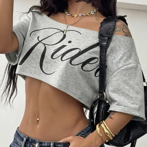 Soft & Comfy One-Shoulder "Rider" Print Cropped T-Shirt, Casual Comfy Clothes, Y2K Streetwear Short Sleeve Crop Top, Casual Loose Fit Graphic Tee for Women, 2000s Retro Letter Print, Summer, Raw Hem Detail, Lightweight Breathable Fabric
