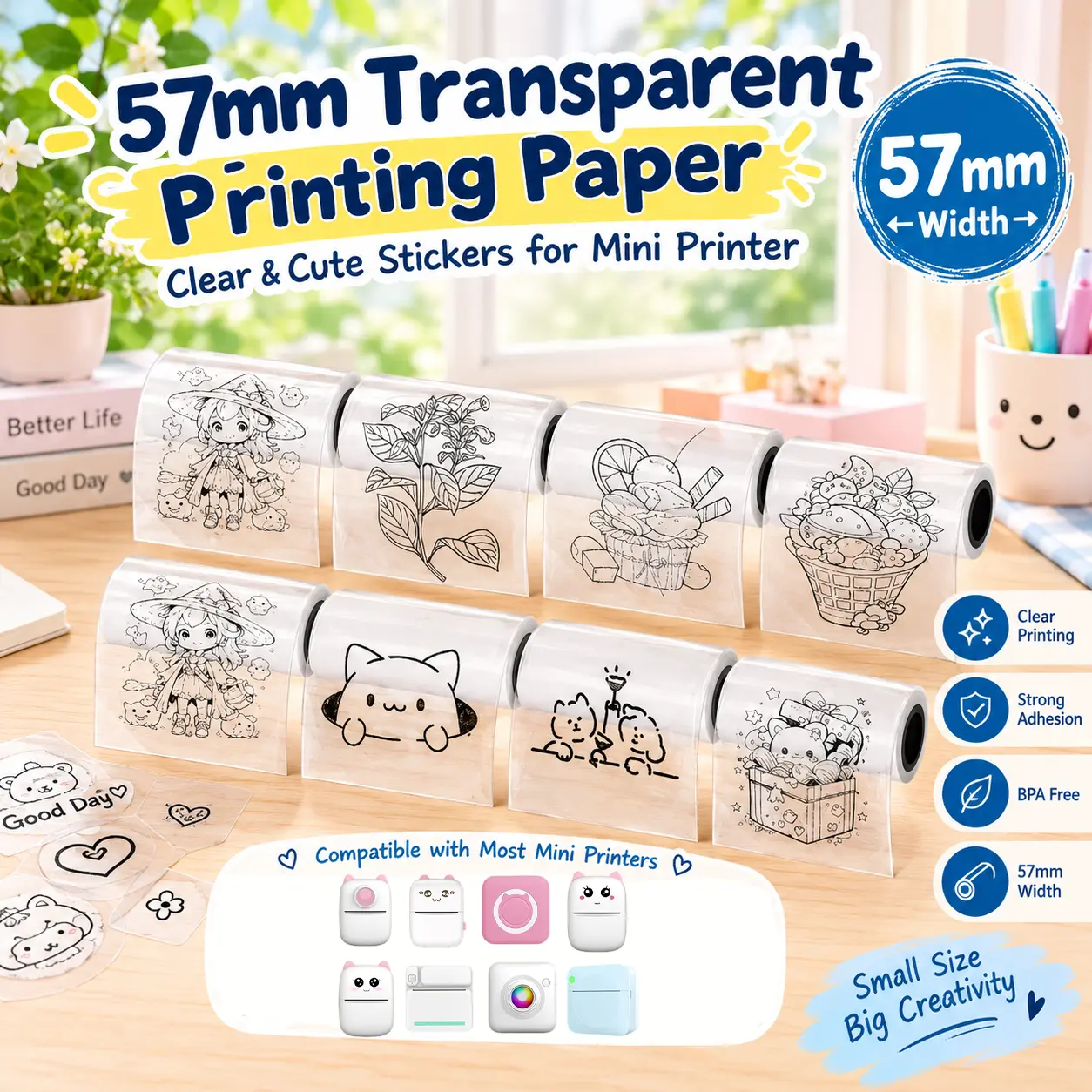 8 rolls of transparent self-adhesive paper, high transparency, seamless printing, invisible, suitable for office labels/memos/pictures/journal decorations. Self-adhesive transparent printing paper, compatible with mini printers.