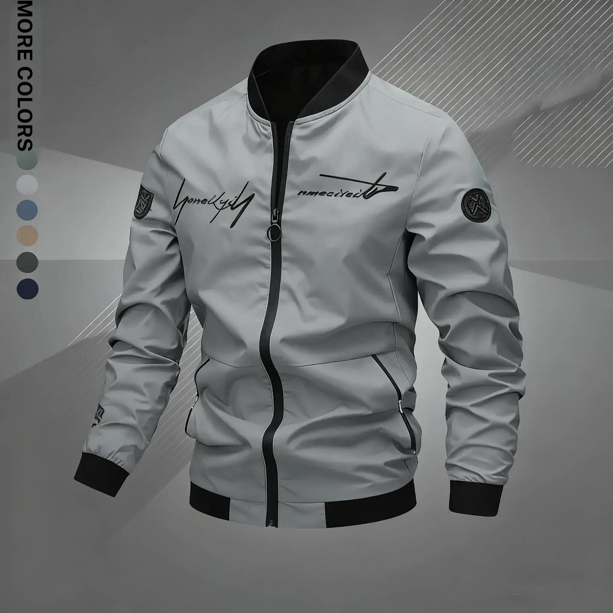 Men's Regular Fit Letter Embroidered Zip Up Pilot Jacket, Autumn Winter Casual Long Sleeve Windproof Baseball Collar Coat, Men's Everyday Wear, Men's Jacket, Black Casual Outdoor Jacket, Suitable for Work, Travel, and Daily Use Machine Washable Polyeste