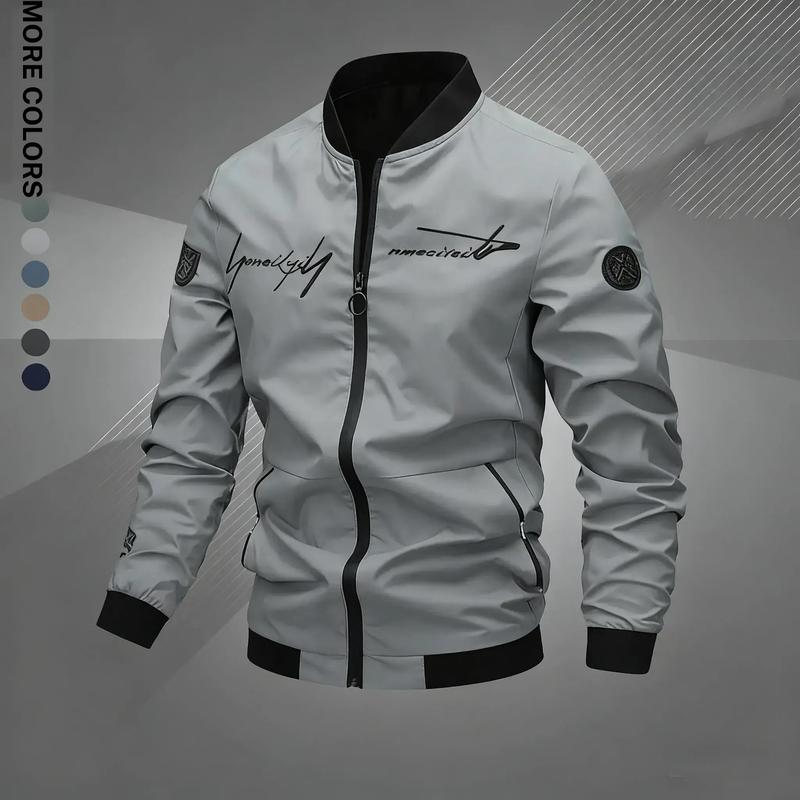 Men's Regular Fit Letter Embroidered Zip Up Pilot Jacket, Autumn Winter Casual Long Sleeve Windproof Baseball Collar Coat, Men's Everyday Wear, Men's Jacket, Black Casual Outdoor Jacket, Suitable for Work, Travel, and Daily Use Machine Washable Polyeste
