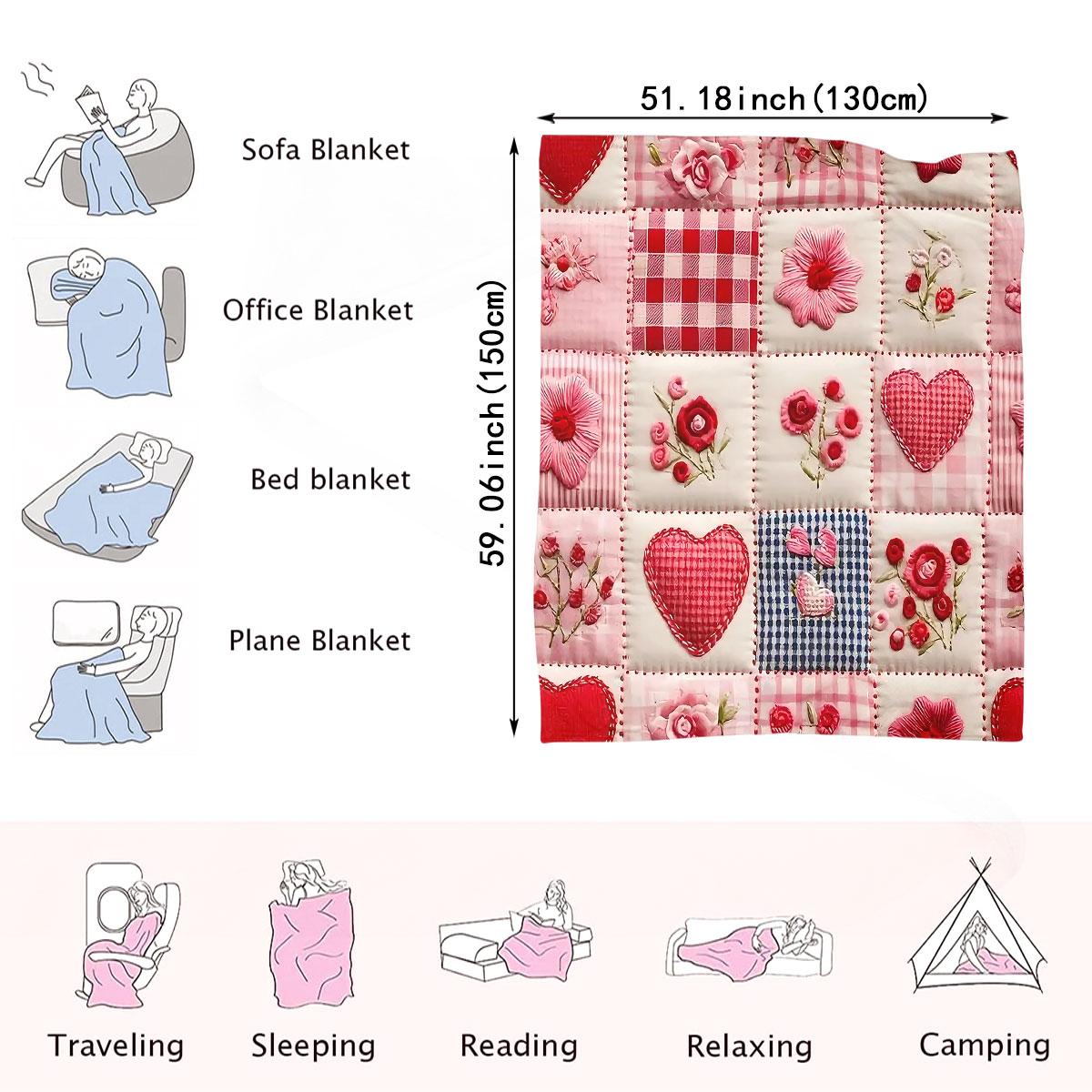 Valentine's Day Heart Plaid Digital Print Flannel Blanket, Soft Comfortable Sofa Bed Throw, Office Nap Shawl, Outdoor Sports Multi-Purpose Blanket