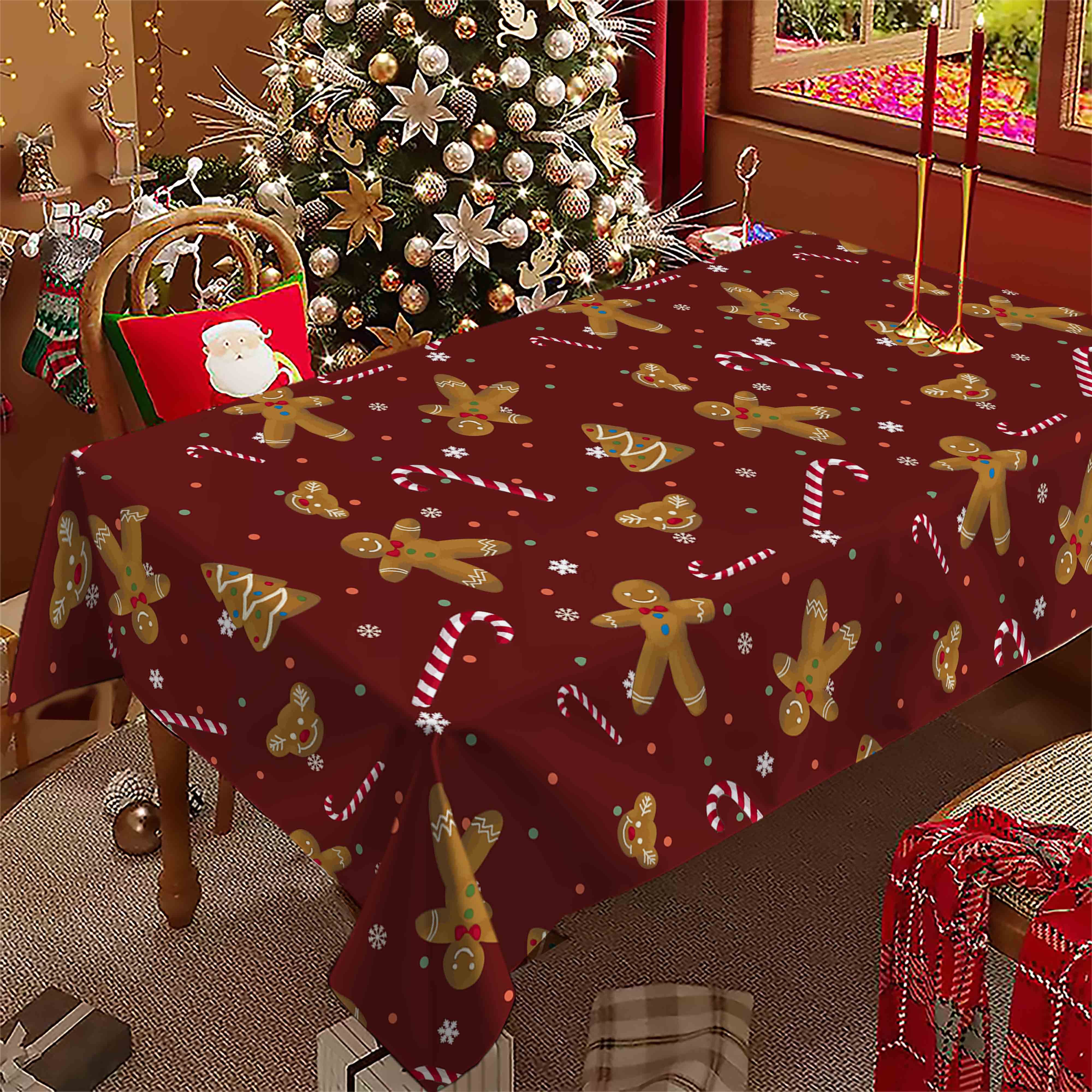 Christmas Rectangular Tablecloth, Gingerbread Man Cookie Design, Indoor & Outdoor Use, Home Kitchen Decor, Holiday Party Decoration