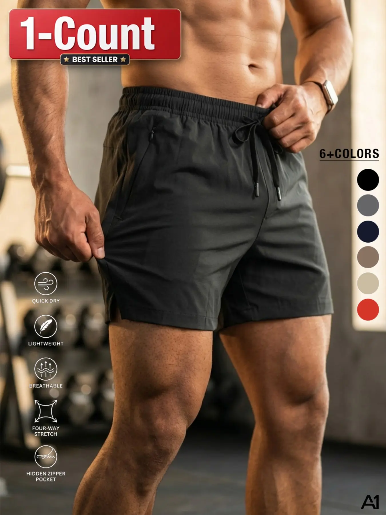 A1 Men's 5 Inch Workout Shorts Quick Dry Lightweight Athletic Gym Running Shorts with Hidden Zipper Pockets 4-Way Stretch Breathable Training Activewear Side Split Fitness Shorts