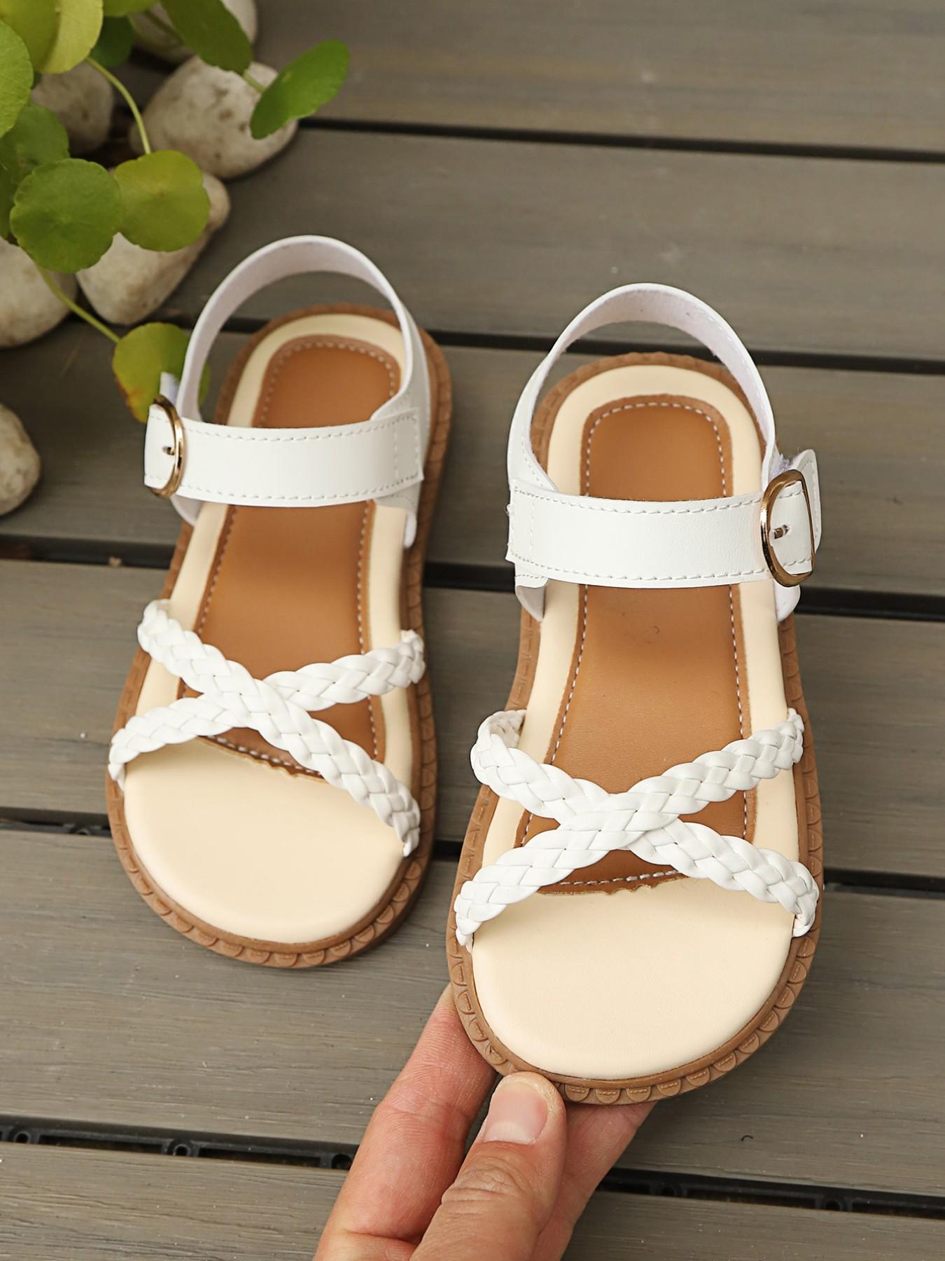 Kids Braided Crisscross Sandals, Adjustable Buckle, Non-Slip Soft Sole, Cute Style, PU Leather Upper, Rubber Sole, Plain Pattern