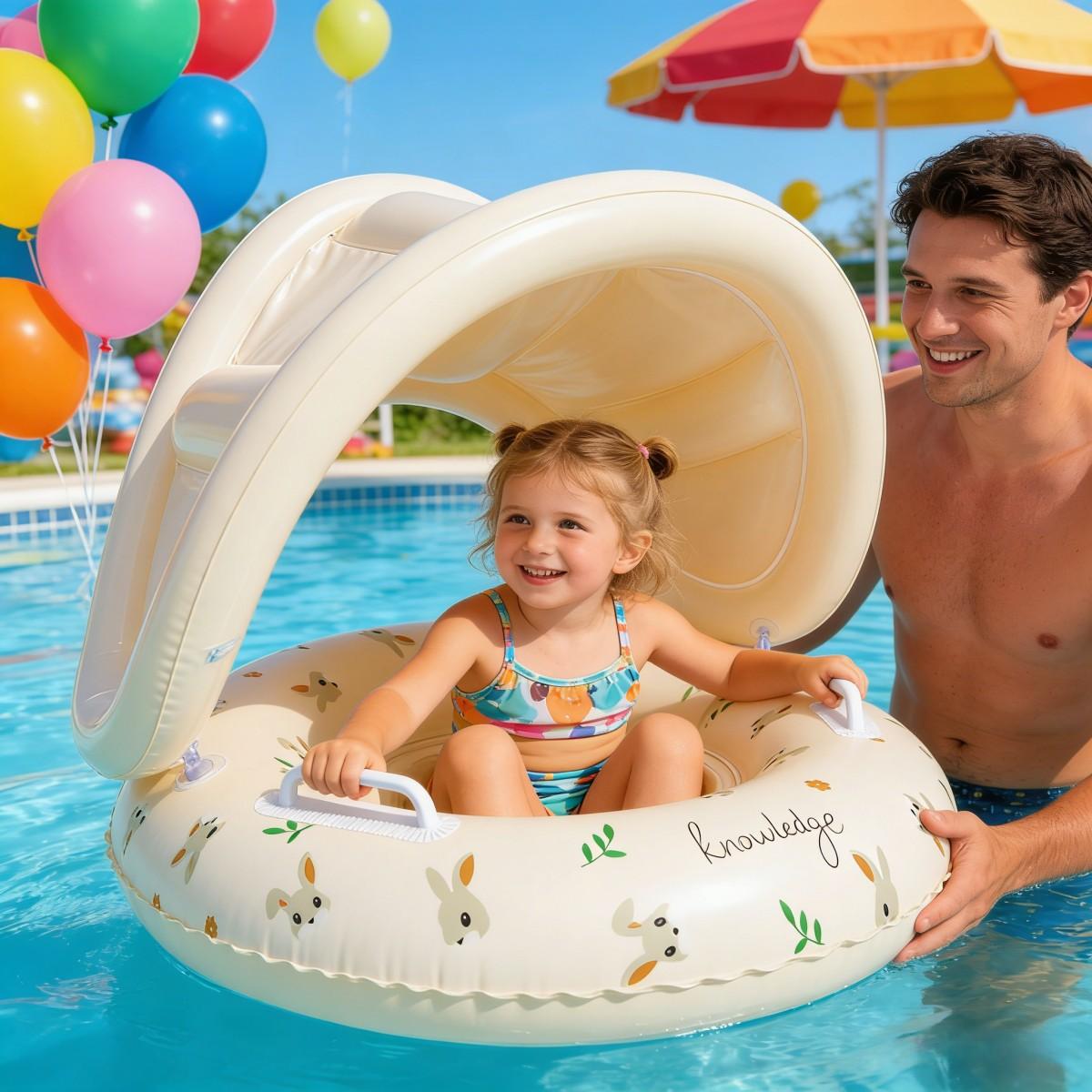 Bear & Rabbit Design Kids Swim Ring with Sun Canopy & Handles, INS Style Cute Inflatable Float, Sunshade Baby Swim Ring & Floating Mat, Perfect for Beach Trips & Pool Parties
